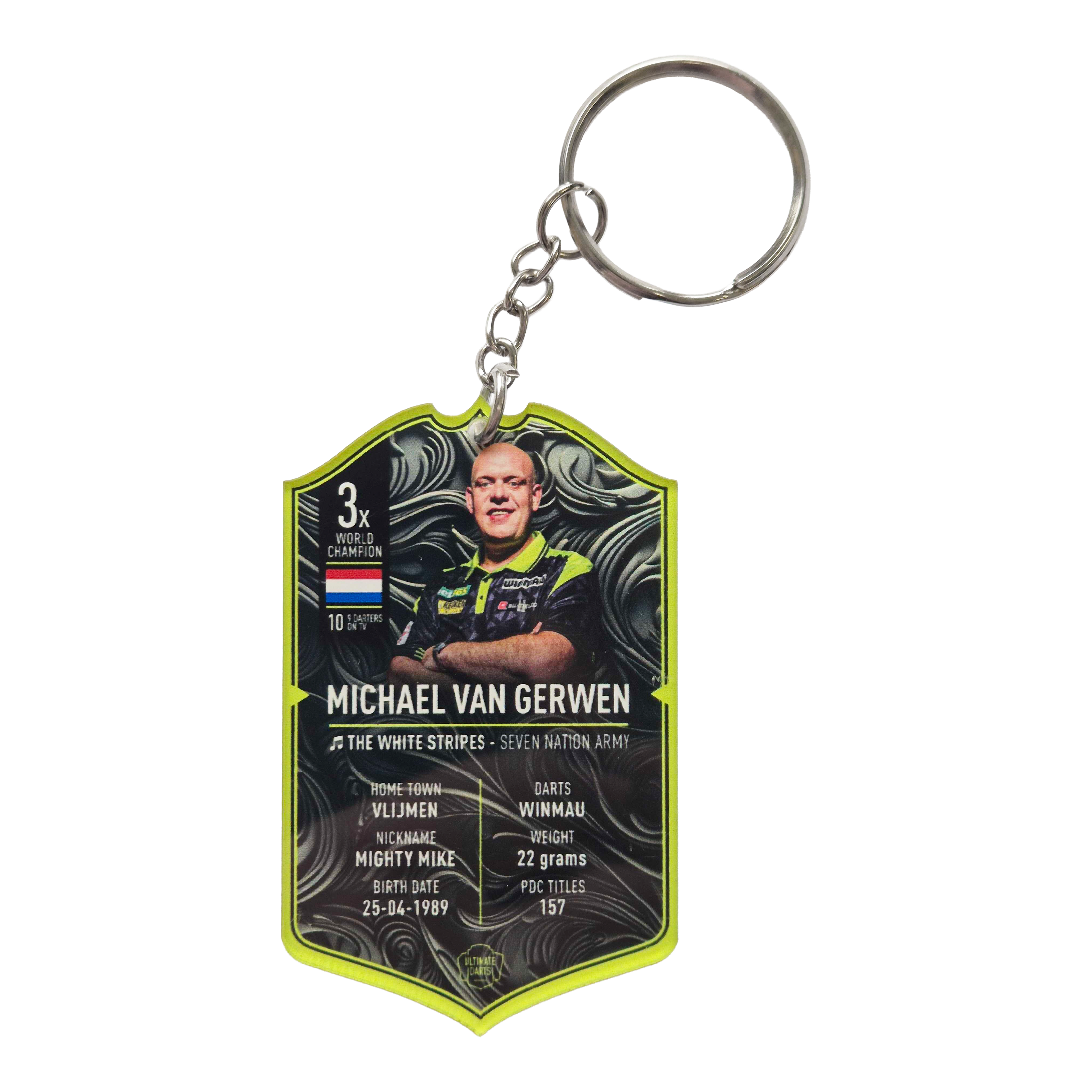 Porte-clés carte de fléchettes ultime - Michael Van Gerwen Ultimate Darts Card Schlüsselanhänger - Michael Van Gerwen ist zu sehen. Der Schlüsselanhänger zeigt ein Motiv des berühmten Dartspielers Michael Van Gerwen.