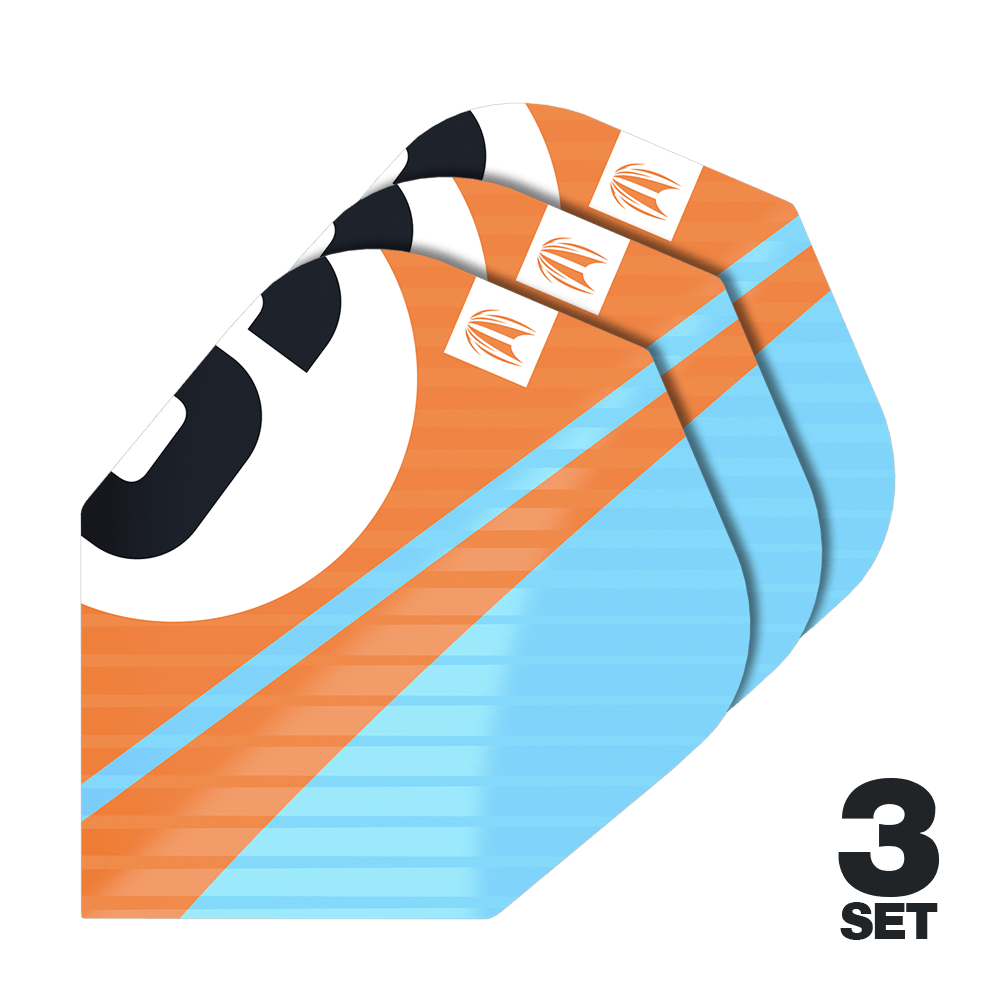 Ailettes Target Pro Ultra Chicane Orange No6 - 3 jeux Das Bild zeigt drei Sets von Target Pro Ultra Chicane Orange No6 Flights für Dartpfeile. Die Flights sind in Orange, Blau und Schwarz gestaltet und tragen das Target-Logo.