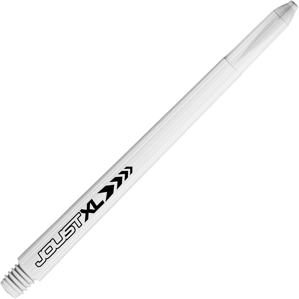 C817_Red_Dragon_Joust_XL_Shafts_Weiss_65mm_2 Das Bild zeigt einen weißen Dart-Schaft mit der Aufschrift "JOUST XL". Es handelt sich um das Produkt "Red Dragon Joust XL Shafts - Weiß - 65mm".