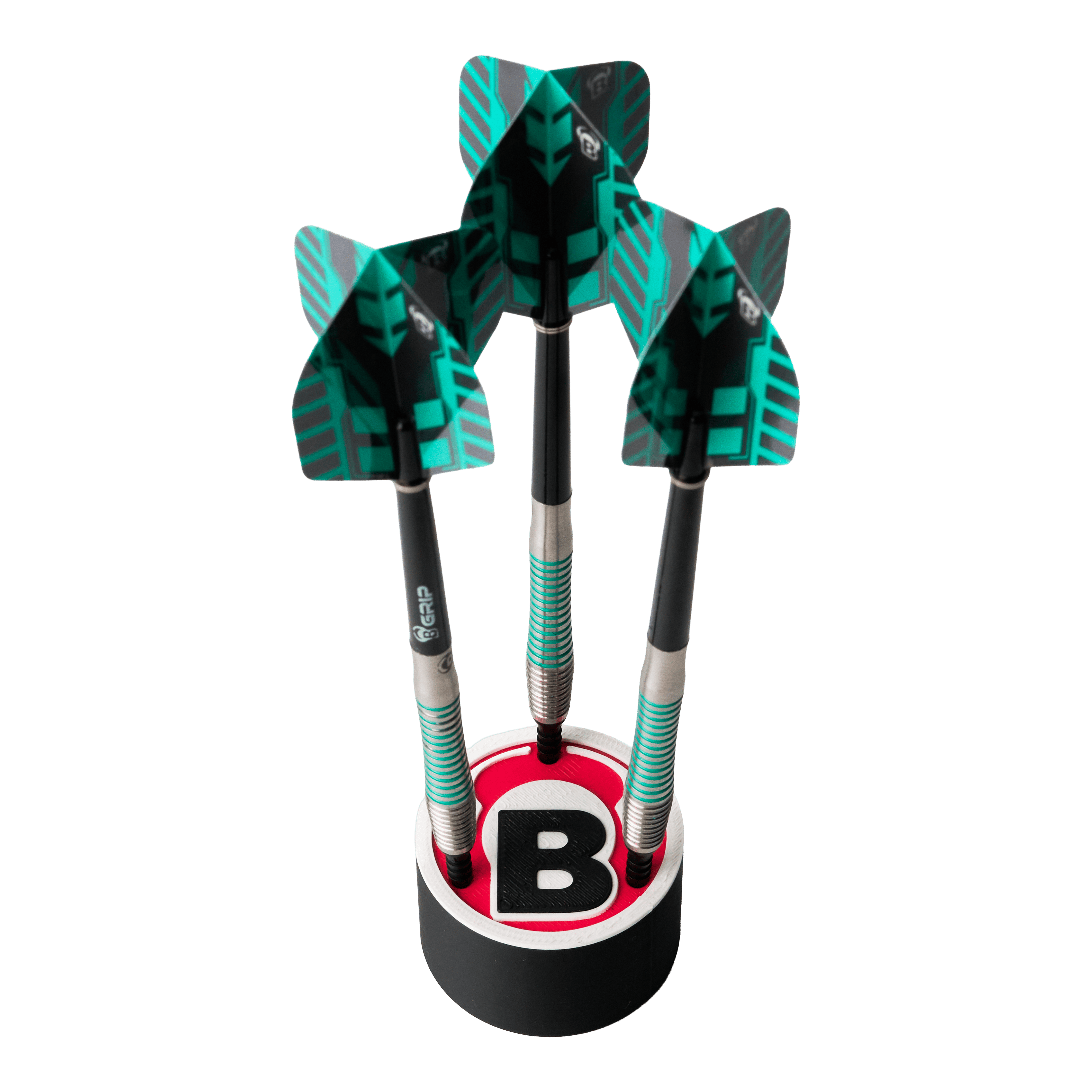 Bulls Darthalter Logo Rund Das Bild zeigt drei Darts, die in einem runden Halter mit dem Bulls-Logo stehen. Die Flights der Darts sind schwarz und grün gemustert.