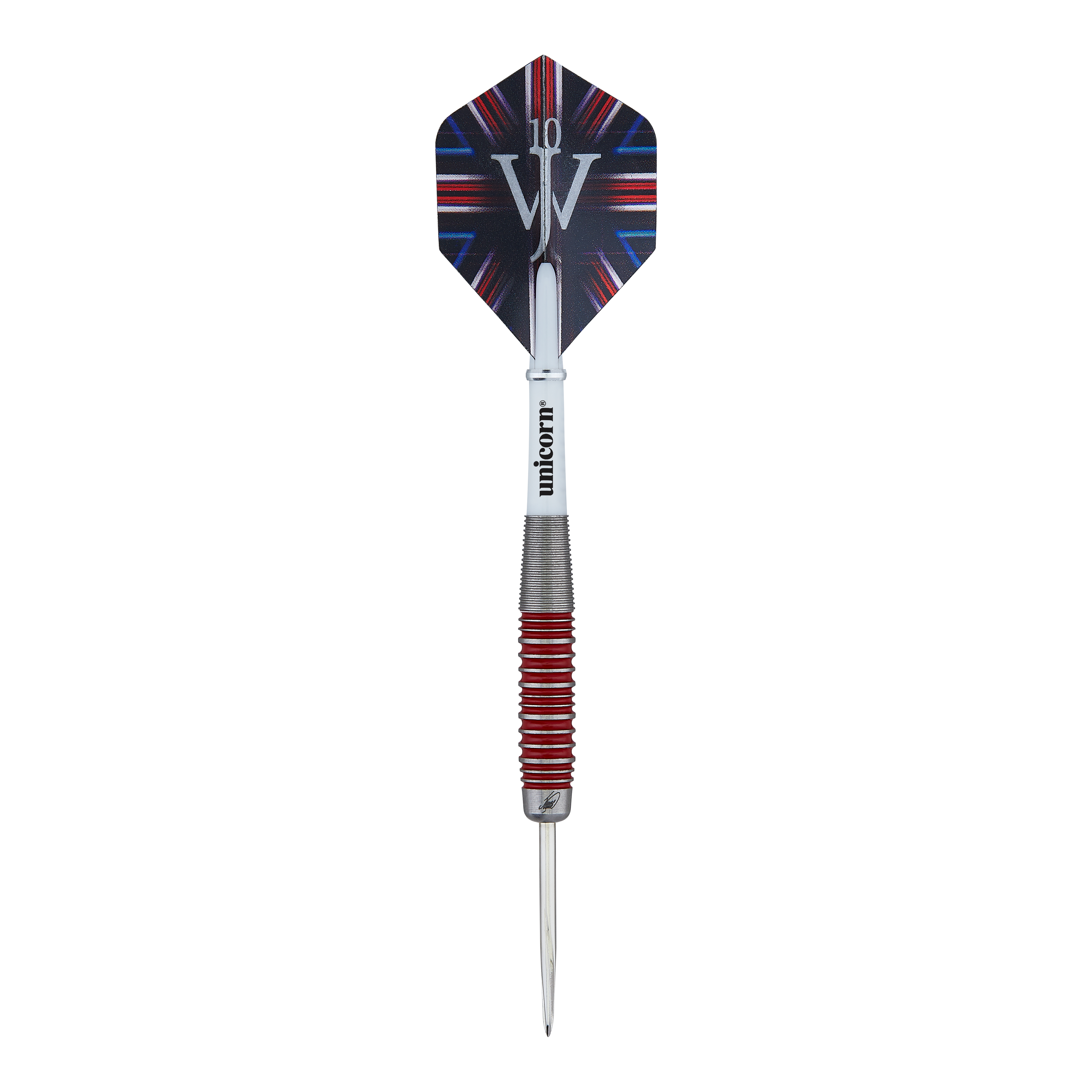 Dardos de acero al 90% de James Wade, Unicorn The Machine Auf dem Bild ist ein Steeldart der Marke Unicorn zu sehen, Modell "The Machine James Wade 90%". Der Dart hat ein silbernes Griffstück mit roten Ringen und eine Flight mit dem Logo "JW".