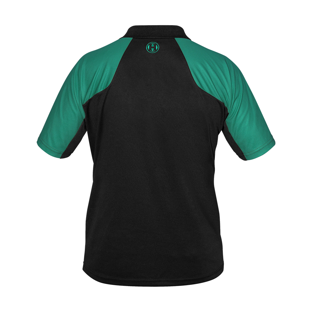 17577-Harrows-Vivid-Dartshirt-Black-Jade-2 Harrows Vivid Dartshirt Black/Jade liegt flach ausgebreitet. Das Shirt zeigt ein modernes Muster.