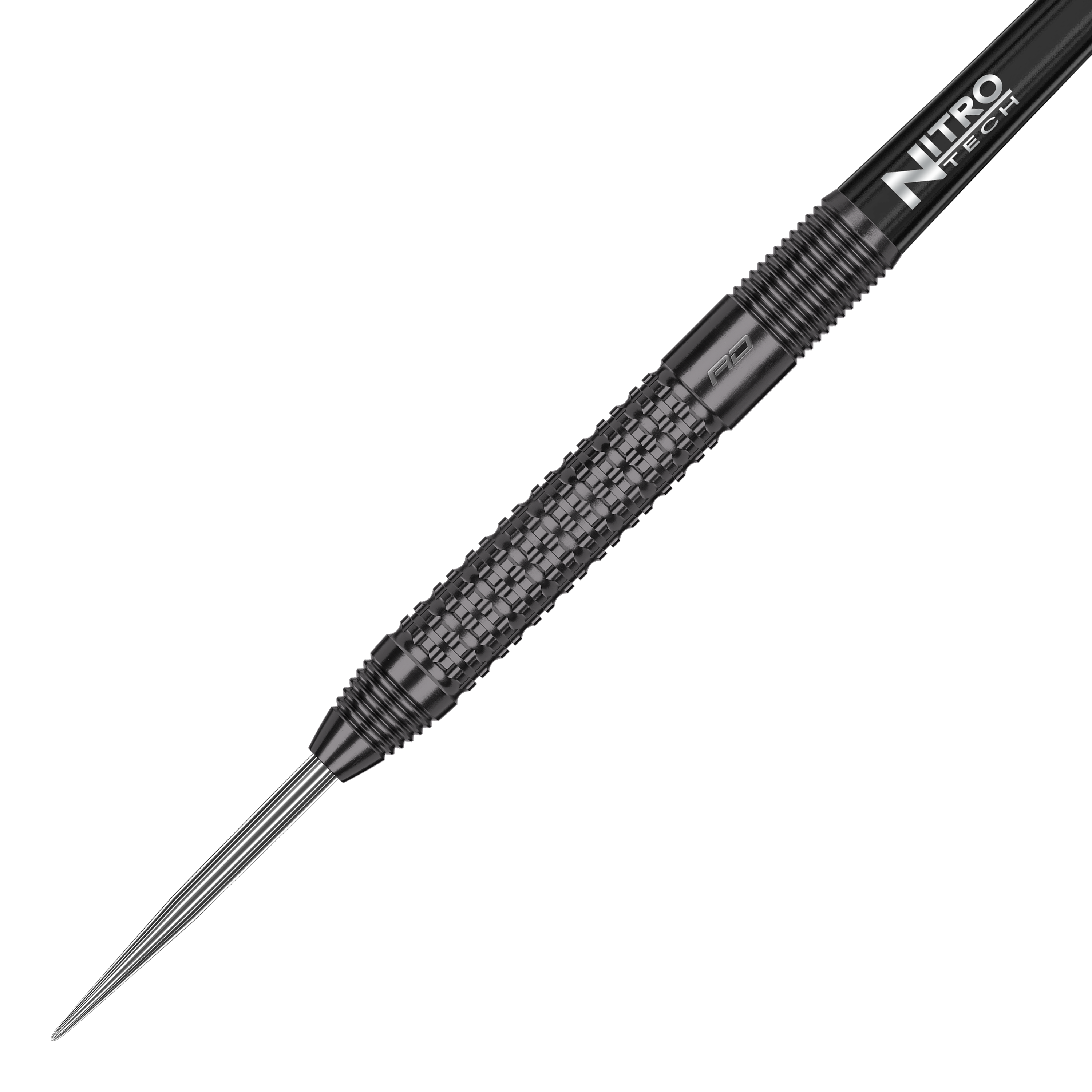 Dardos de acero Red Dragon T-800 Das Bild zeigt einen Red Dragon T-800 Steeldart. Der Dartpfeil hat ein schwarzes, strukturiertes Griffstück und eine scharfe Metallspitze.