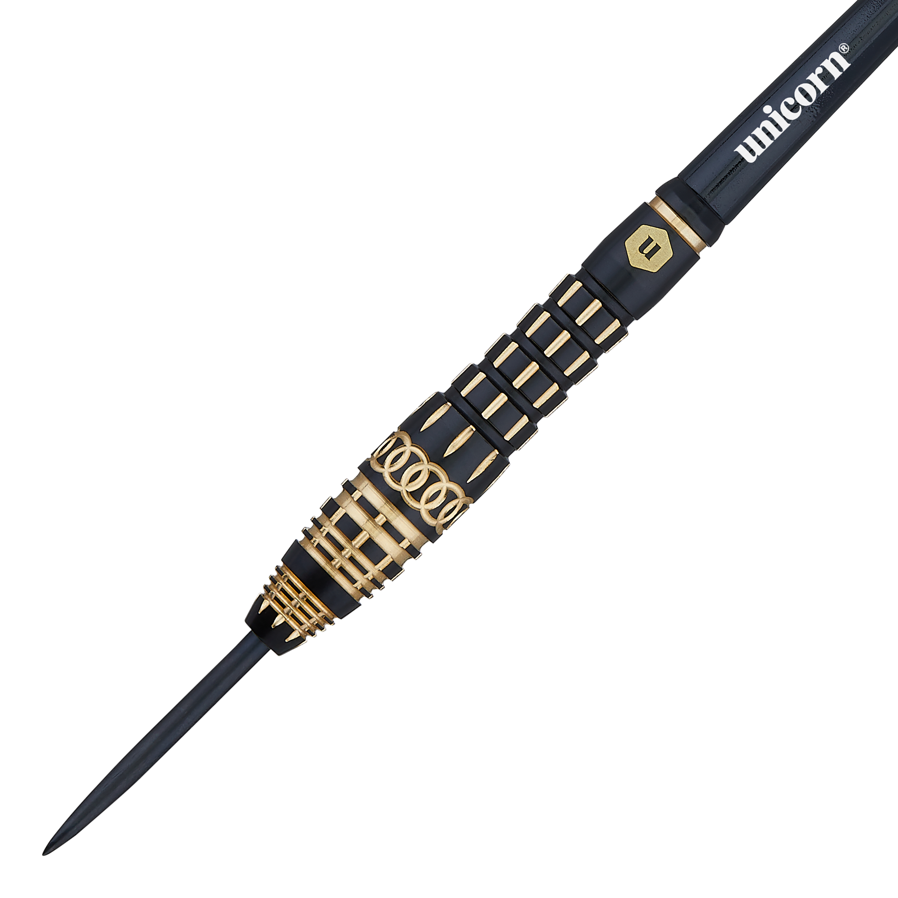 Steeldarts Unicorn Top Brass V4 - 20g Das Bild zeigt einen Unicorn Top Brass V4 Steeldart mit 20g Gewicht. Der Dart ist schwarz mit goldenen Akzenten und trägt das Unicorn-Logo.