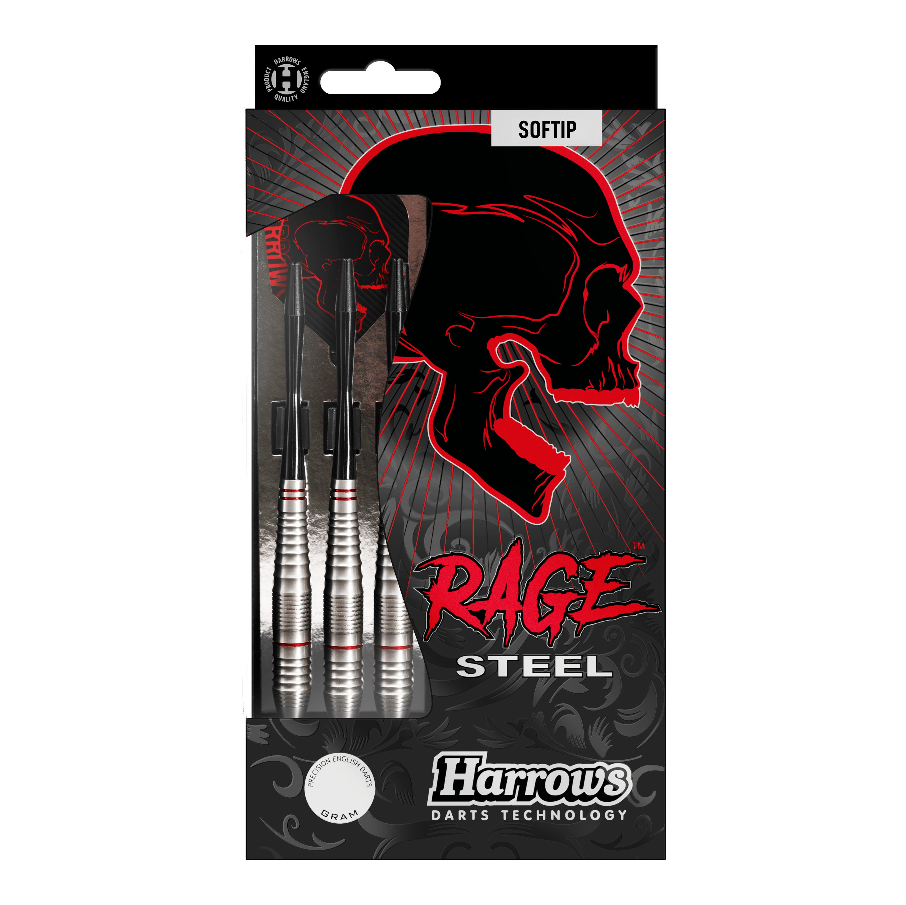 Dardos suaves Harrows Rage Das Bild zeigt eine Packung Harrows Rage Softdarts mit drei silbernen Darts. Auf der Verpackung ist ein roter Totenkopf und der Schriftzug "Rage" auffällig zu sehen.