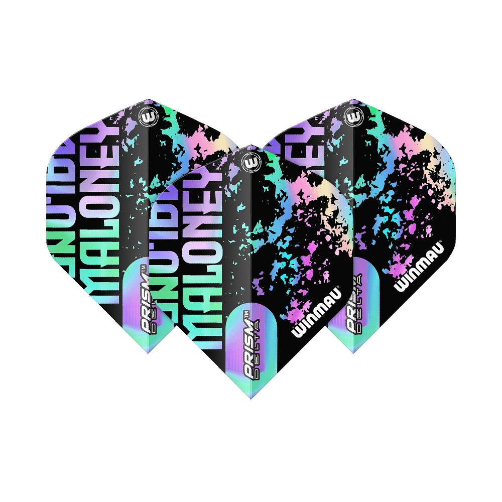 Das Bild zeigt die Winmau Prism Delta Mike Maloney Standard Flights. Sie sind mit bunten, auffälligen Farben und dem Namen „Maloney“ bedruckt.