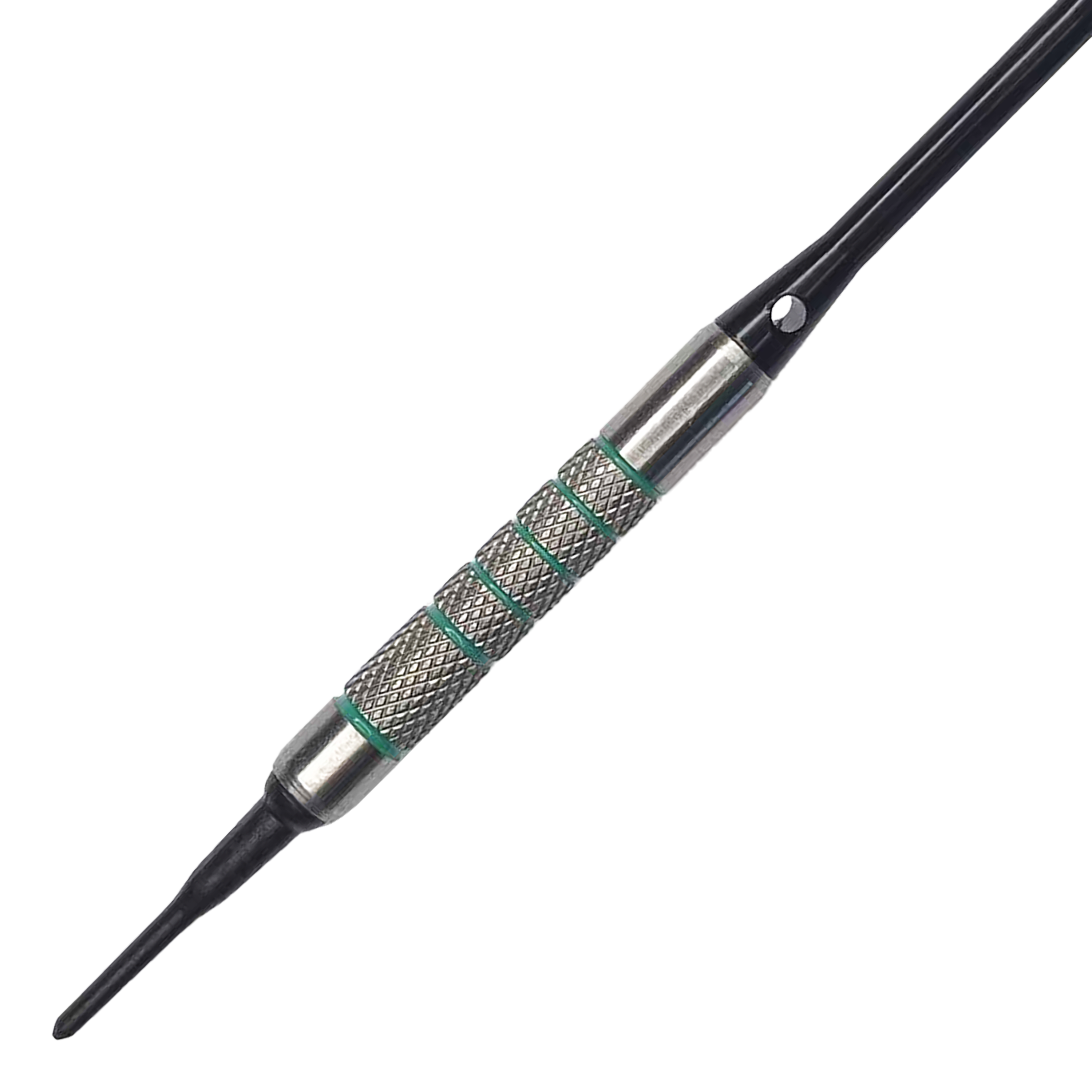 Dardos blandos McDart 85 Tungsten V7 - 16,5 g Das Bild zeigt einen McDart 85er Tungsten V7 Softdart mit einem Gewicht von 16,5g. Der Dart hat eine strukturierte silberne Griffzone mit grünen Akzenten und einer schwarzen Kunststoffspitze.