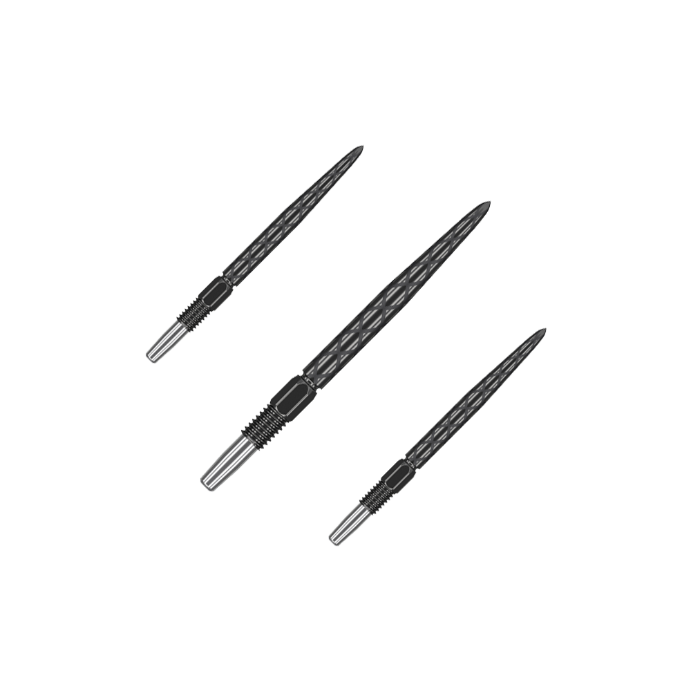 Target Swiss Diamond Pro Black Points dart tips Das Bild zeigt drei schwarze Dartspitzen mit silbernem Ende. Die Spitzen haben ein Rautenmuster und sind nebeneinander angeordnet.