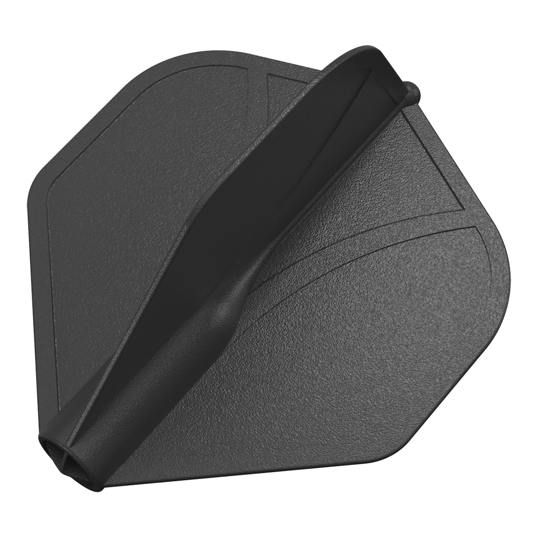 Standardní letky Shot Airfoil Molded No2 Das Bild zeigt eine schwarze, geformte Dart-Flügel aus Kunststoff. Die Oberfläche ist leicht strukturiert und hat eingeprägte Linien.