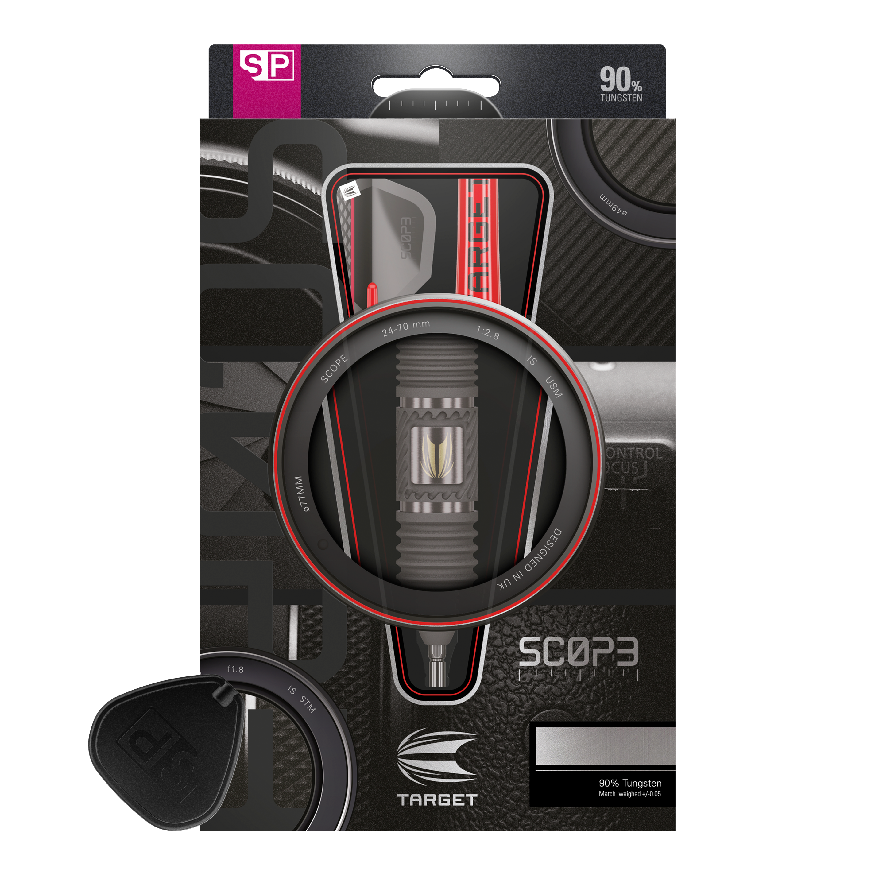 Auf dem Bild ist eine Verpackung für Steeldarts der Marke TARGET zu sehen. Die Darts bestehen zu 90 % aus Wolfram und das Design ist in Schwarz, Rot und Silber gehalten.