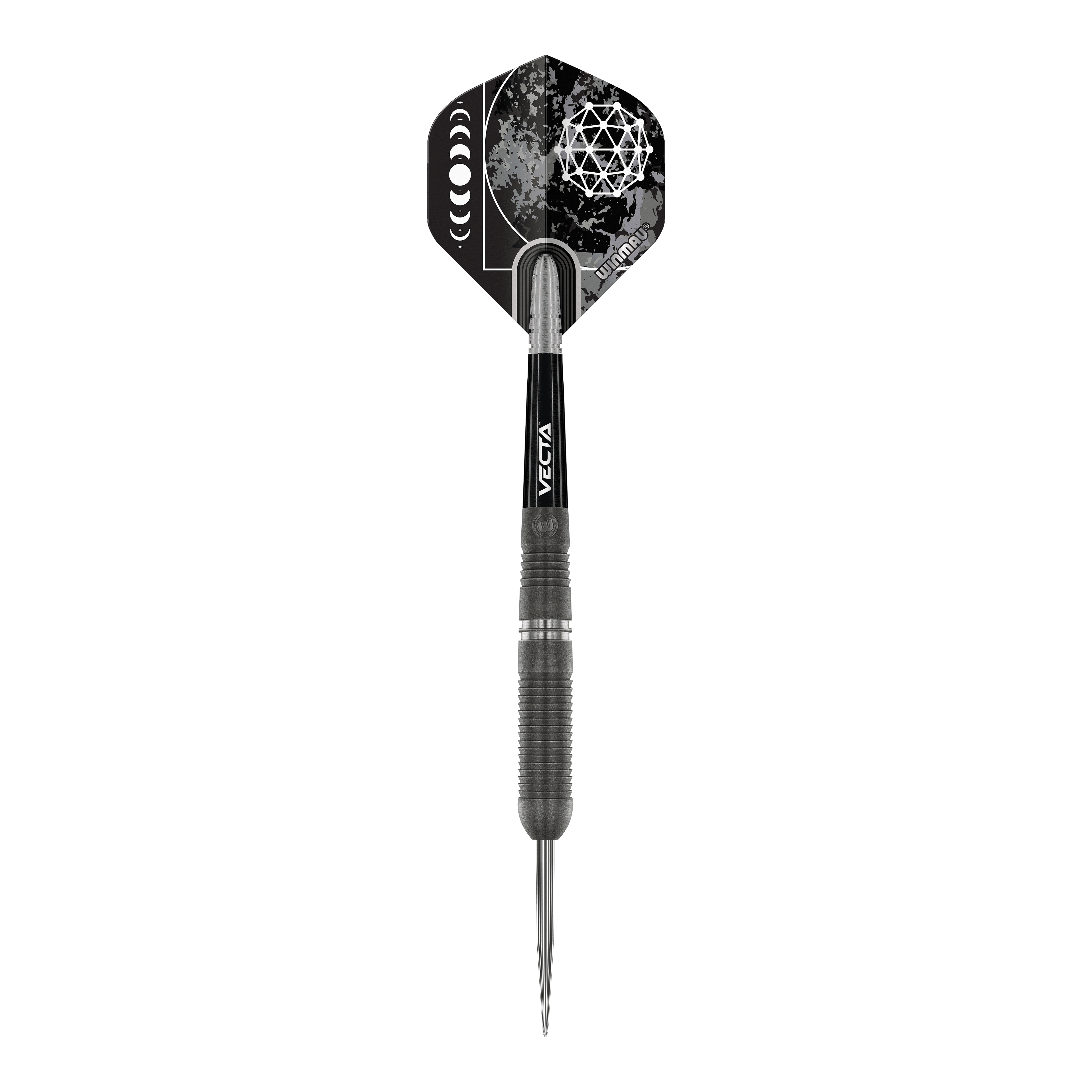 Winmau Callisto 03 Steeldarts Das Bild zeigt einen Winmau Callisto 03 Steeldart. Der Dart ist schwarz mit einem auffälligen, geometrischen Muster auf dem Flight.