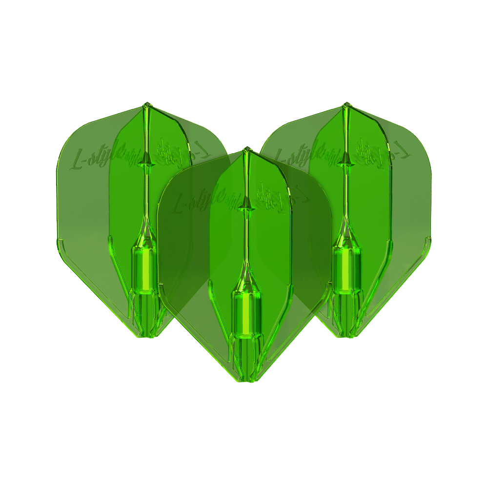 Plumas L-Style Fantom L3EZ Verde Das Bild zeigt drei grüne L-Style Fantom L3EZ Flights für Dartpfeile. Die Flights sind durchsichtig und haben eine glänzende Oberfläche.