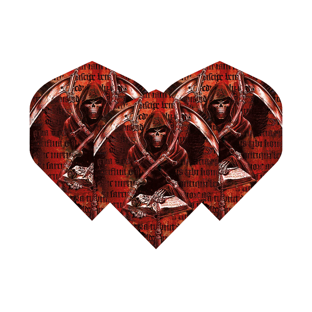 ALC3_Alchemy_Day_Of_Reckoning_Standard_Flights_1RjUxNZXDE5S9z Das Bild zeigt drei Dartflights mit einem düsteren Sensenmann-Design. Die Farben sind überwiegend rot und schwarz, und im Hintergrund sind Schriftzüge zu sehen.