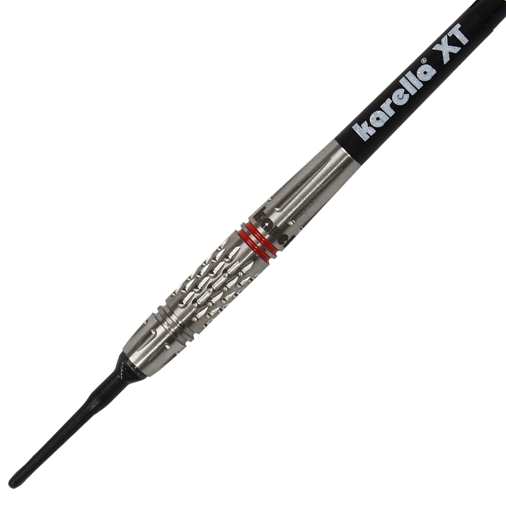8307_Karella_Commander_Softdarts_2 Das Bild zeigt einen Karella Commander Softdart. Der Dartpfeil hat eine silberne Griffzone mit roten Ringen und einer schwarzen Spitze.