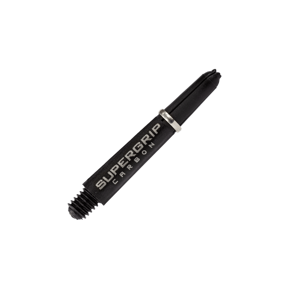 HR354_Harrows_Supergrip_Carbon_Shafts_Silber_33mm_2 Das Bild zeigt einen Harrows Supergrip Carbon Shaft in Silber. Der Schaft ist schwarz mit silberner Schrift und einem silbernen Ring.