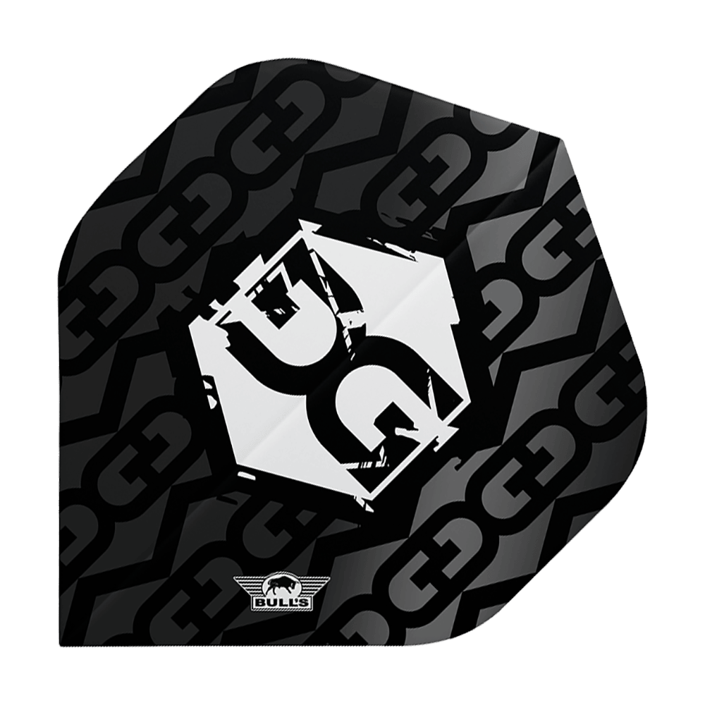 BU50921_Bulls_NL_Player_100_Martijn_Kleermaker_80_No2_Standard_Flights_1 Das Bild zeigt ein schwarzes Dartflight mit einem modernen, grafischen Design und dem Logo "Bulls" unten. In der Mitte befindet sich ein auffälliges, weißes Symbol mit stilisierten Buchstaben.