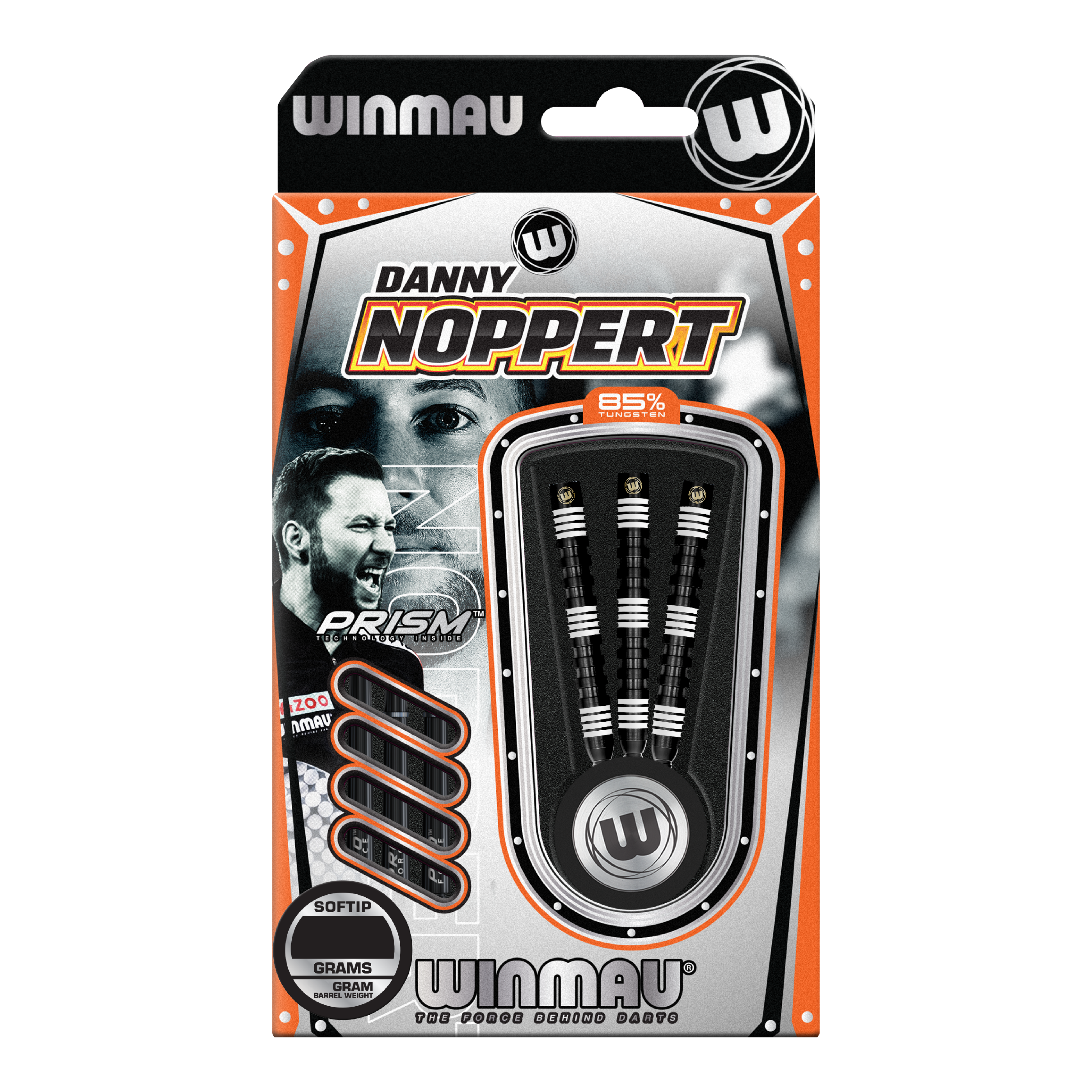 Winmau Danny Noppert 85 Pro-Series soft darts - 20g Das Bild zeigt eine Verpackung der "Winmau Danny Noppert 85 Pro-Series Softdarts - 20g". In der Verpackung sind drei schwarze Softdarts mit weißen Ringen sichtbar.