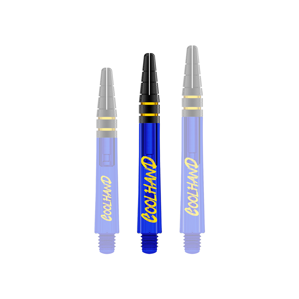 Auf dem Bild sind drei blaue Dart-Schäfte mit der gelben Aufschrift "COOLHAND" zu sehen. Die Schäfte haben schwarze und goldene Akzente am oberen Ende.