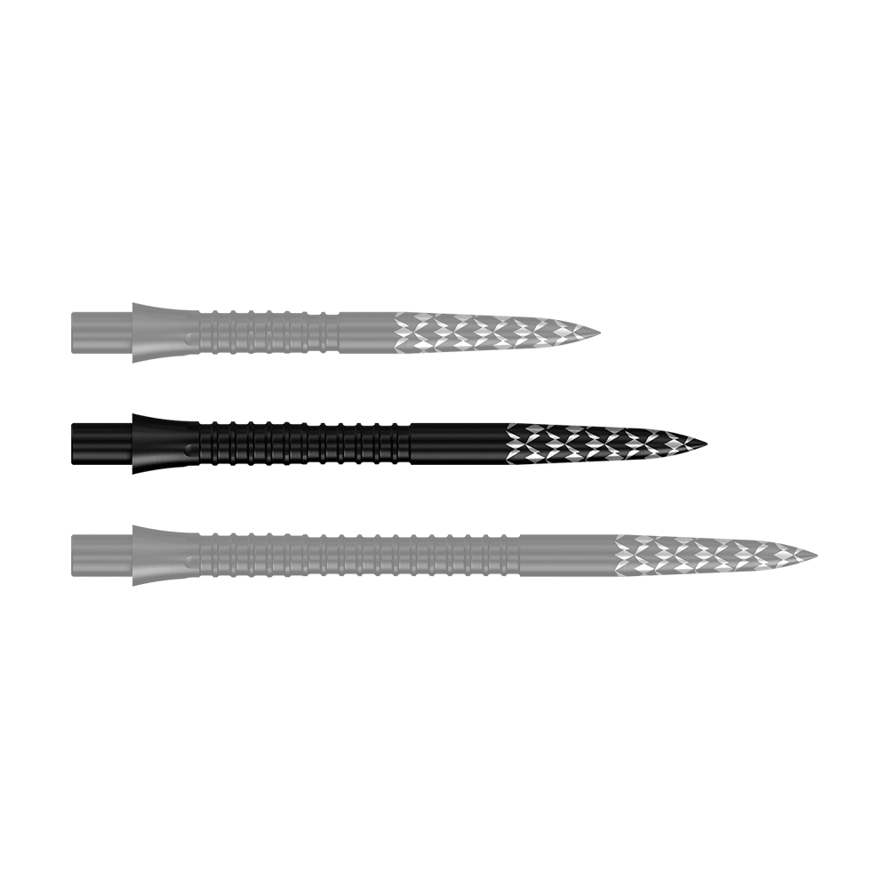 Embouts de fléchettes Mission Caliburn EVO avec logo GV - Noir Das Bild zeigt schwarze Steeldartspitzen mit einer Länge von 32 mm. Es handelt sich um die Mission Caliburn EVO GV-Logo Steeldartspitzen.