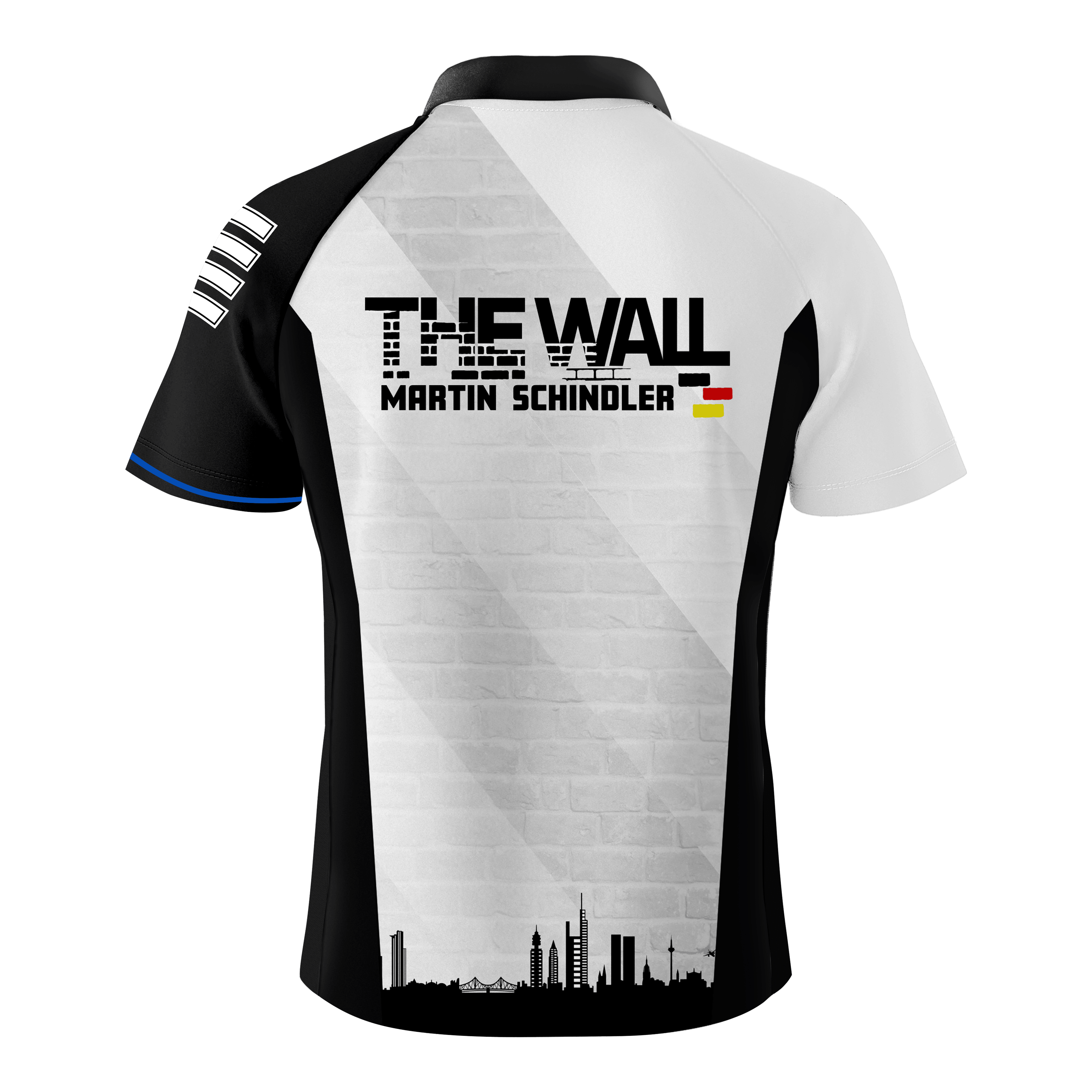 Camiseta de dardos Bulls Martin Schindler The Wall Das Bild zeigt das "Bulls Martin Schindler The Wall Dartshirt" von hinten. Auf dem Shirt steht "THE WALL MARTIN SCHINDLER" mit einer kleinen Deutschlandflagge und einer Stadtsilhouette darunter.