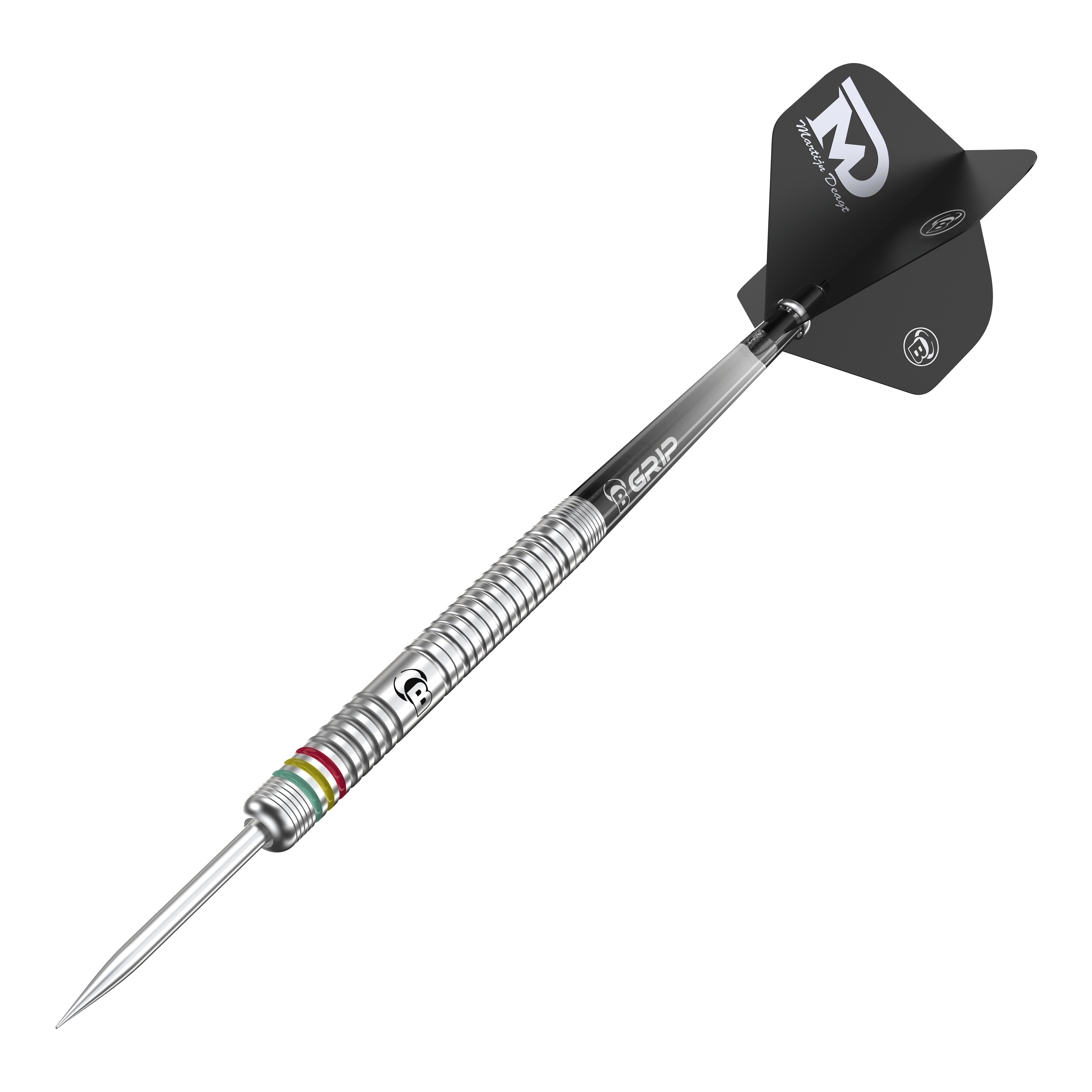 Bulls Martijn Dragt Steel Darts - 24g Auf dem Bild ist ein Bulls Martijn Dragt Steeldart mit einem Gewicht von 24g zu sehen. Der Dartpfeil hat einen silbernen, gerillten Schaft und schwarze Flights mit weißer Aufschrift.