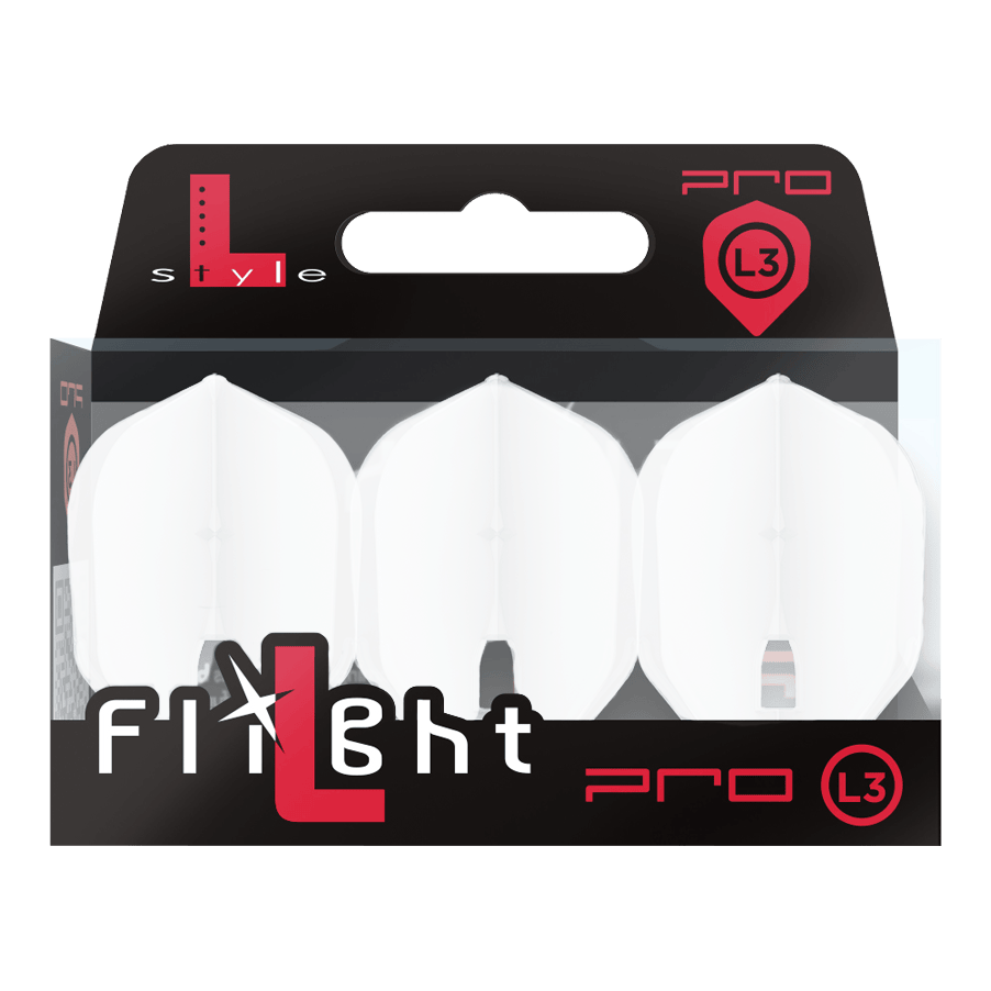 Das Bild zeigt ein Produkt mit dem Namen 'L-Style Champagne L3PRO Shape Flights White 2'. Es handelt sich vermutlich um einen weißen Dart-Flug in spezieller Form.