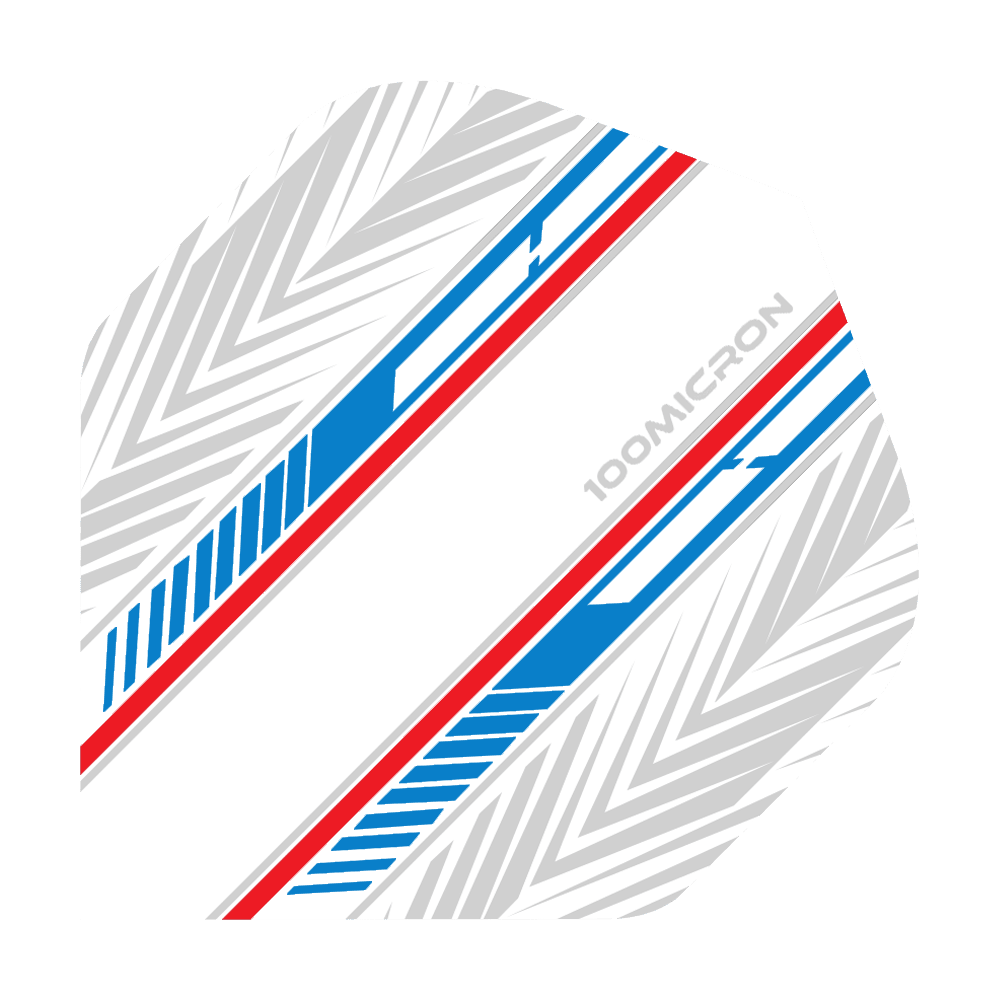 Vuelos de pentatlón blanco/azul/rojo Das Bild zeigt ein Dart-Flight mit einem weißen Hintergrund und blauen sowie roten Linien. Auf dem Flight ist außerdem ein graues Muster und der Schriftzug „100 MICRON“ zu sehen.