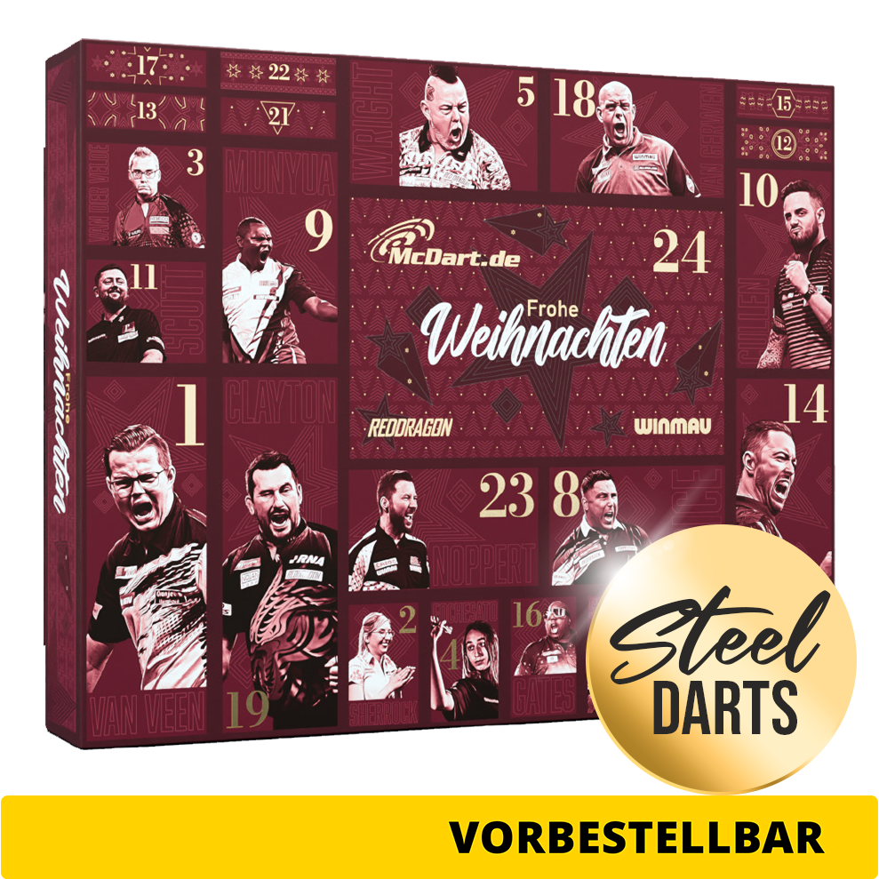 McDart Premium Adventskalender 2026 für Steeldart-Spieler Das Bild zeigt den McDart Premium Adventskalender 2026 für Steeldart-Spieler. Ein tolles Geschenk für alle Dart-Begeisterten.
