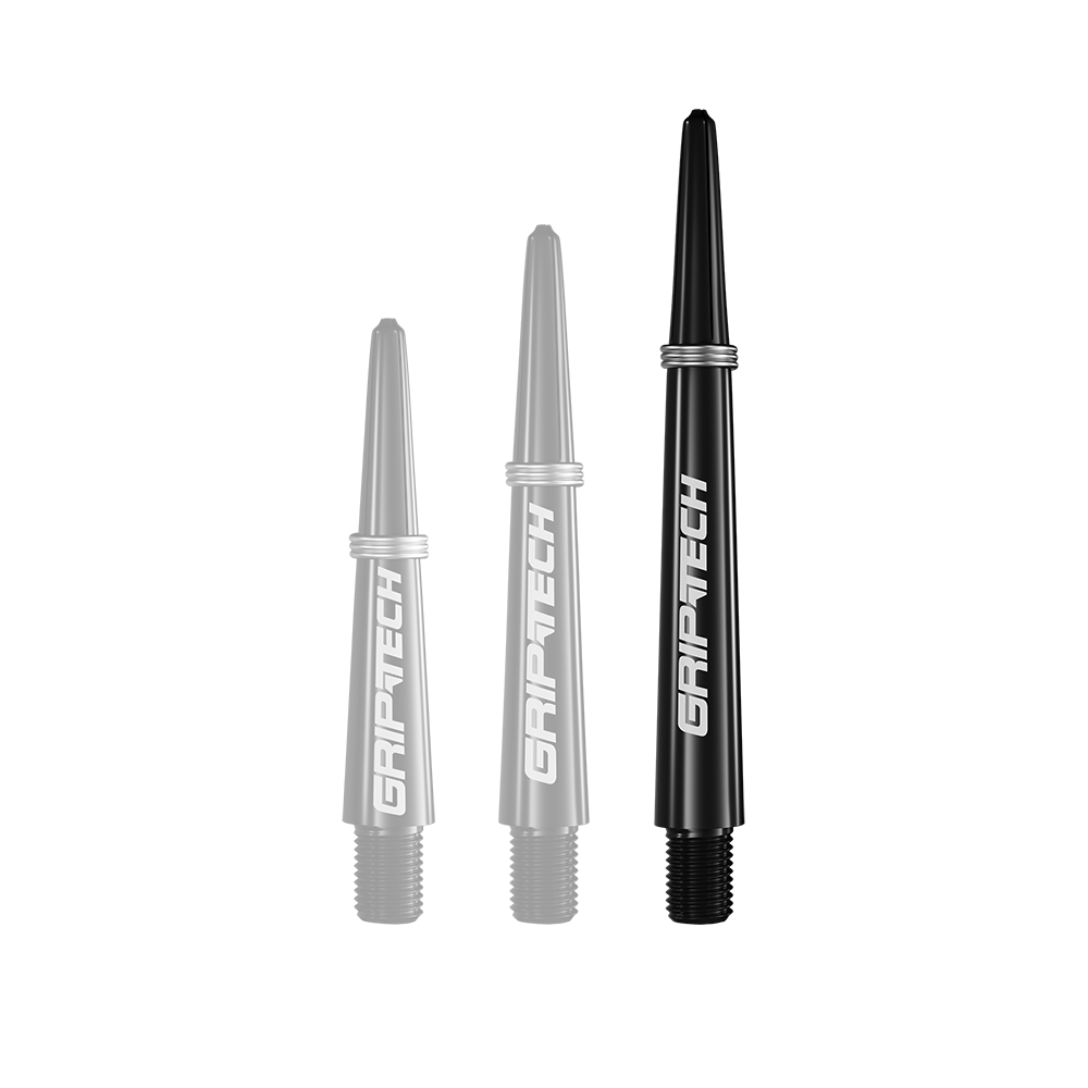 Auf dem Bild sind drei schwarze Dartschäfte in verschiedenen Längen zu sehen. Auf jedem Schaft steht das weiße Logo "GRIPTECH".