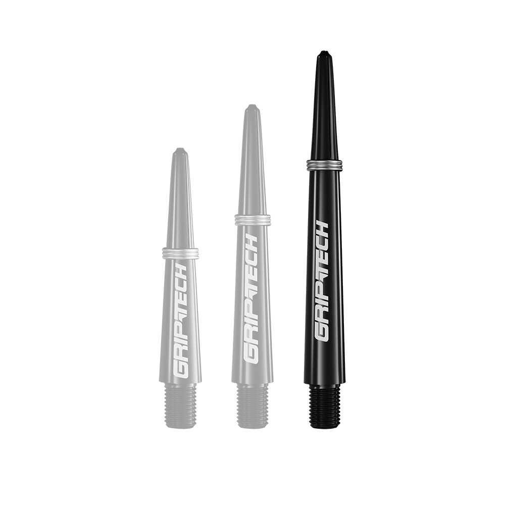 Alberi GOAT Griptech - Neri Auf dem Bild sind drei schwarze Dartschäfte in verschiedenen Längen zu sehen. Auf jedem Schaft steht das weiße Logo "GRIPTECH".