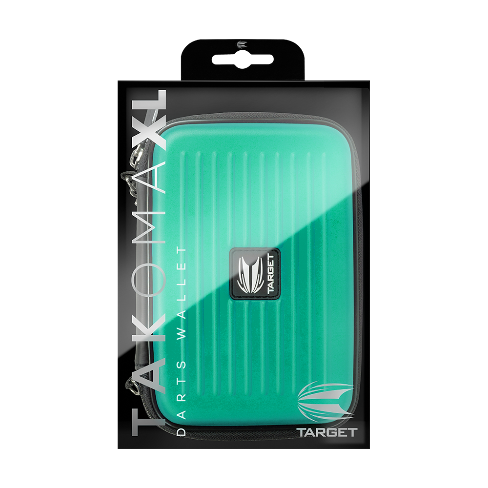 125832_Target_Takoma_XL_Dartwallet_Aqua_3 Das Bild zeigt das Produkt "Target Takoma XL Dartwallet" in der Originalverpackung. Das Dartwallet ist türkis und hat ein modernes, geriffeltes Design mit einem Target-Logo auf der Vorderseite.
