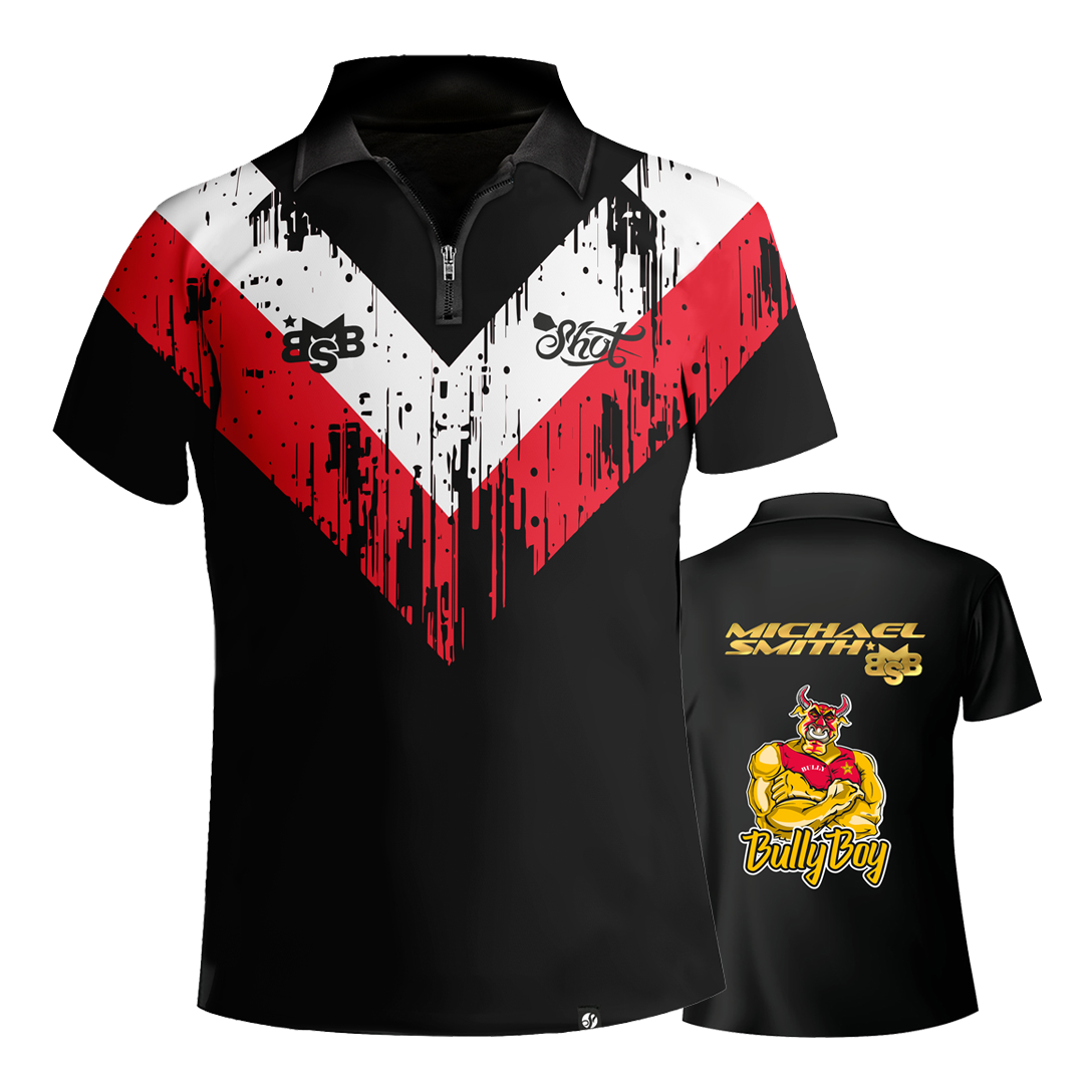 Maglietta con freccette a righe bianche di Shot Michael Smith Das Bild zeigt das Shot Michael Smith White Stripe Dartshirt mit auffälligem roten und weißen Streifenmuster auf schwarzem Grund. Auf der Rückseite sind der Name "Michael Smith", das Logo "Bully Boy" und eine Zeichnung eines muskulösen Stiers zu sehen.