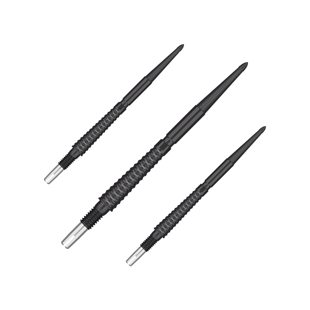 Target Swiss Storm LNC dart tips - Black Das Bild zeigt drei schwarze Dartspitzen mit geriffeltem Griffbereich. Sie sind länglich geformt und haben eine spitze Metallspitze am Ende.