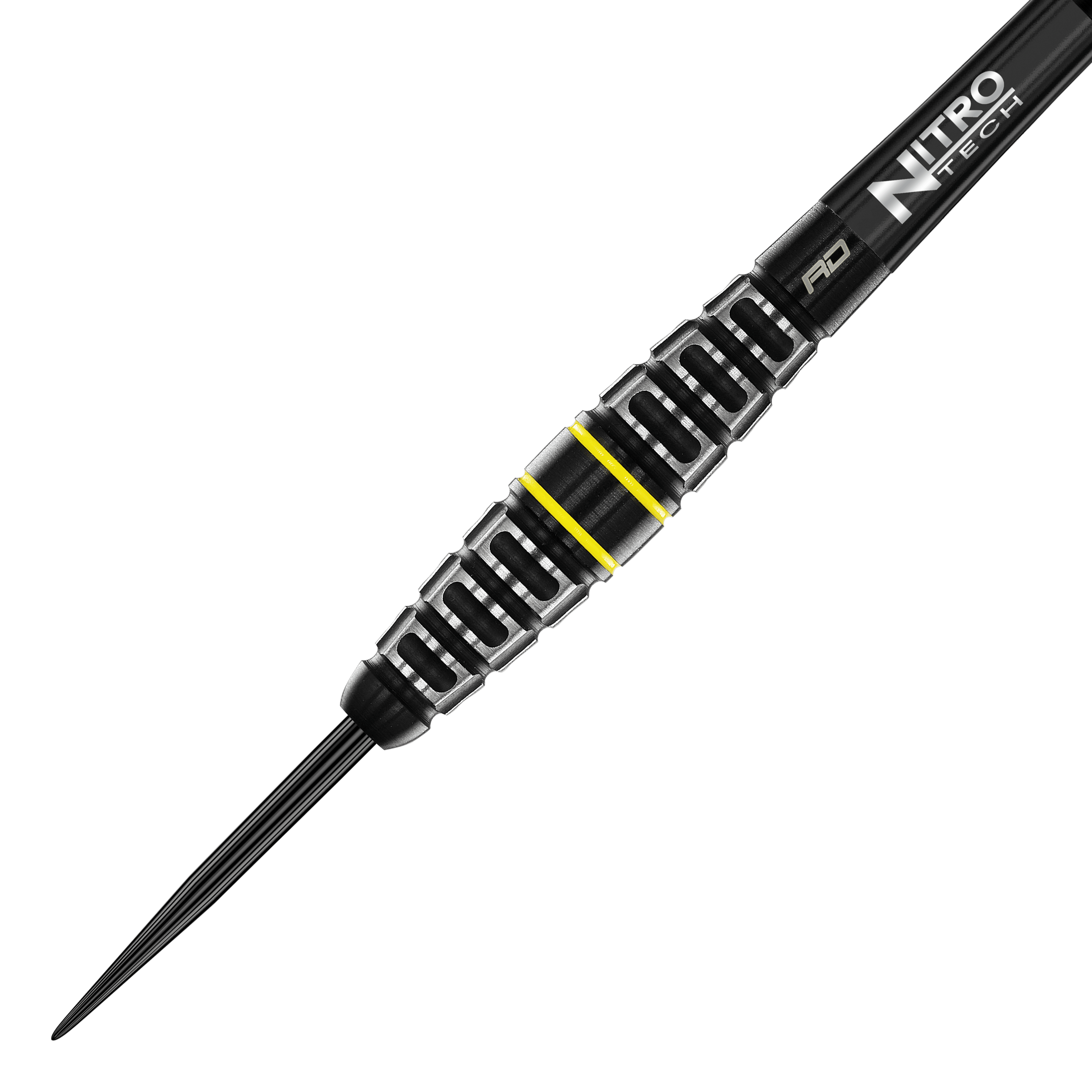 Dardos de acero torpedo Red Dragon Astraeus Q4X Das Bild zeigt den Red Dragon Astraeus Q4X Torpedo Steeldart. Der Dart hat ein schwarzes Design mit silbernen Rillen und gelben Akzenten.