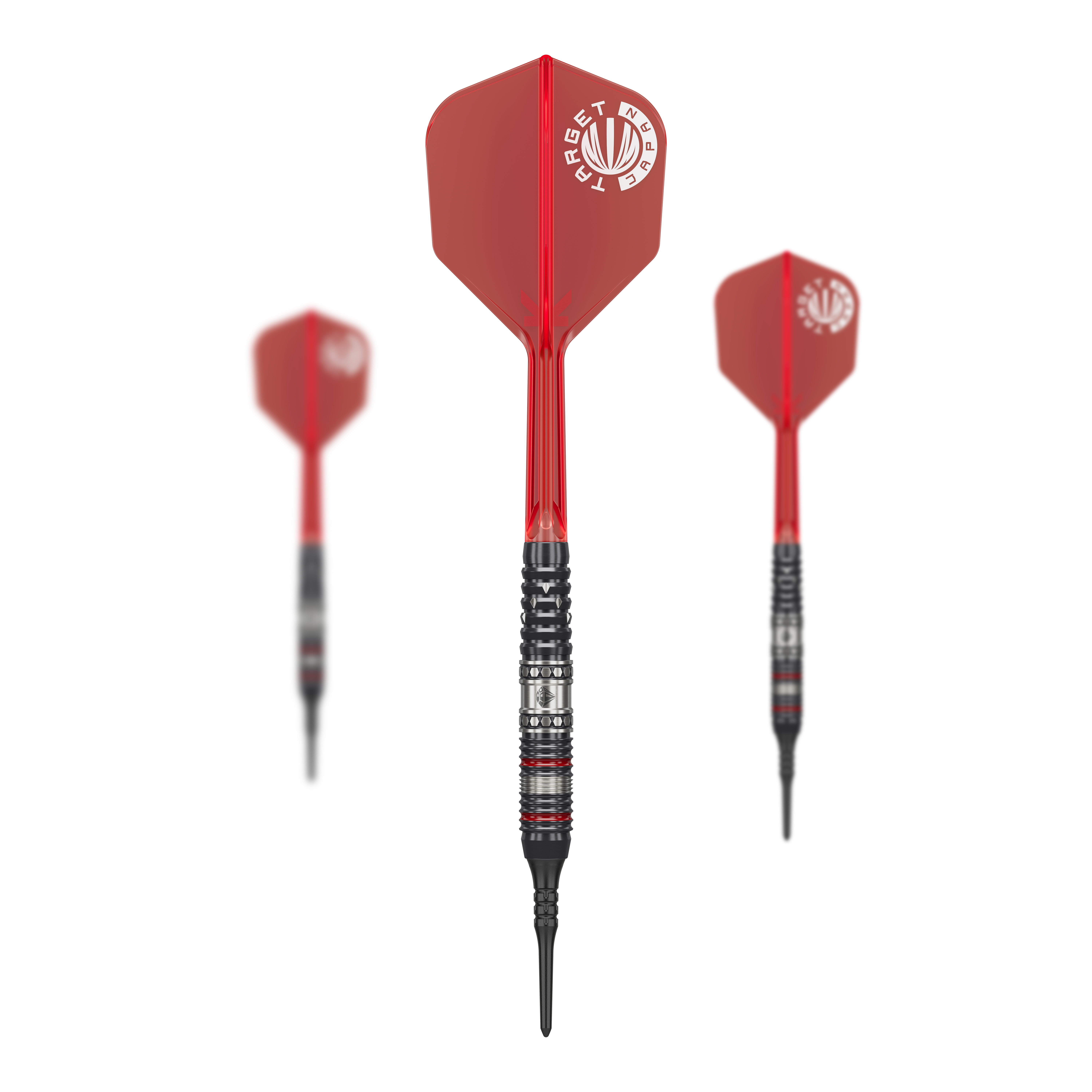 Dardos blandos Target Japan Prime Series Diamond GEN3 - 18 g Das Bild zeigt drei Softdarts aus der Serie "Target Japan Prime Series Diamond GEN3" mit einem Gewicht von 18g. Die Darts haben rote Flights und schwarze Spitzen.