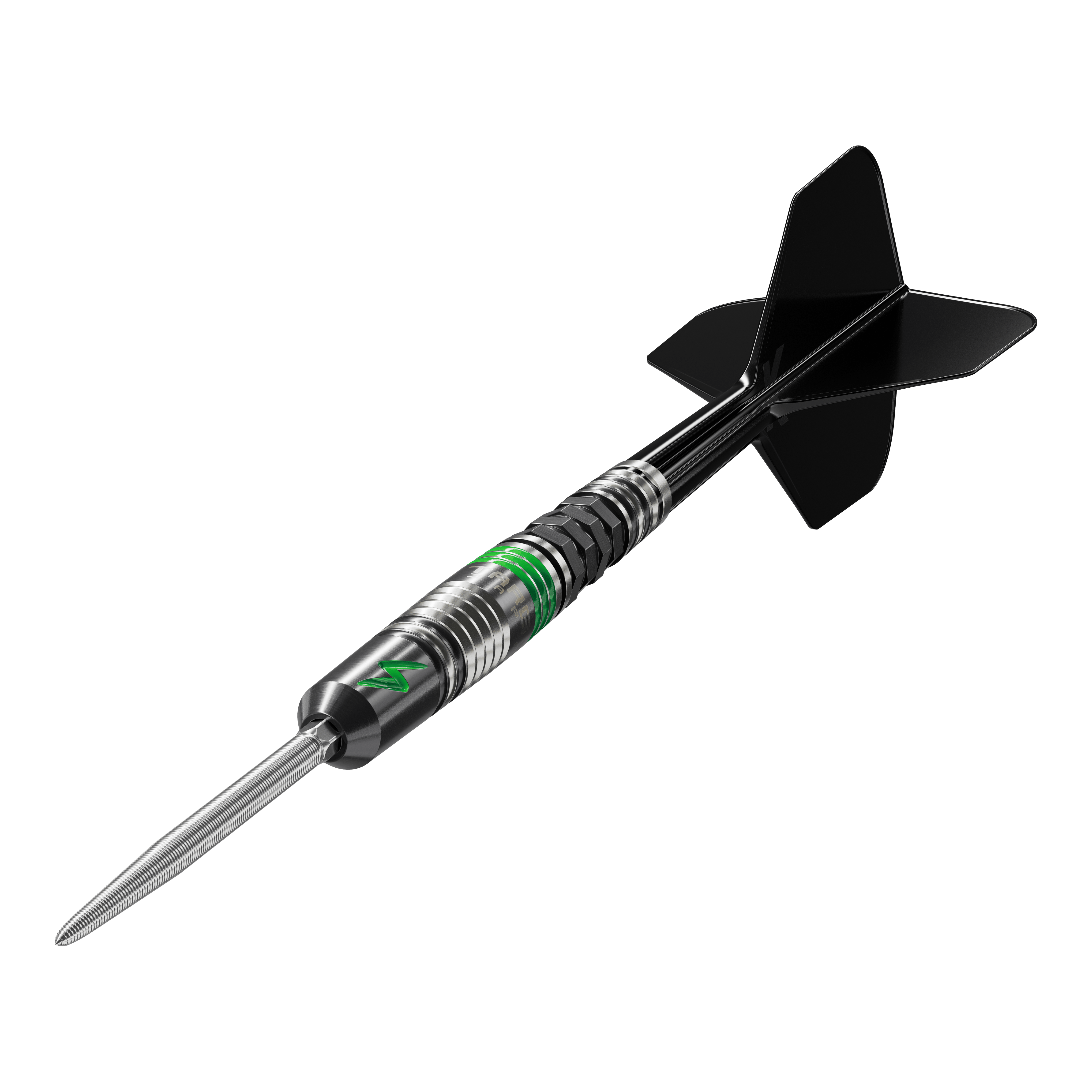 Das Bild zeigt den Target Japan Black Marque Lightning 3 SP Steeldart. Der Dartpfeil ist schwarz-silber mit grünen Akzenten und hat schwarze Flights.