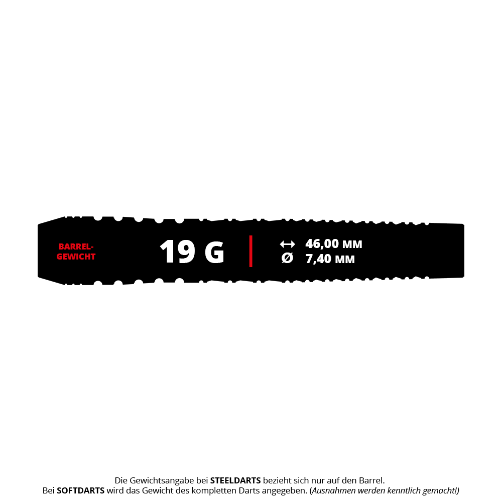 Das Bild zeigt die Produktspezifikationen für die "Target Japan Black Marque Renegade 4 Softdarts - 19g". Die Darts wiegen 19 Gramm, sind 46,00 mm lang und haben einen Durchmesser von 7,40 mm.