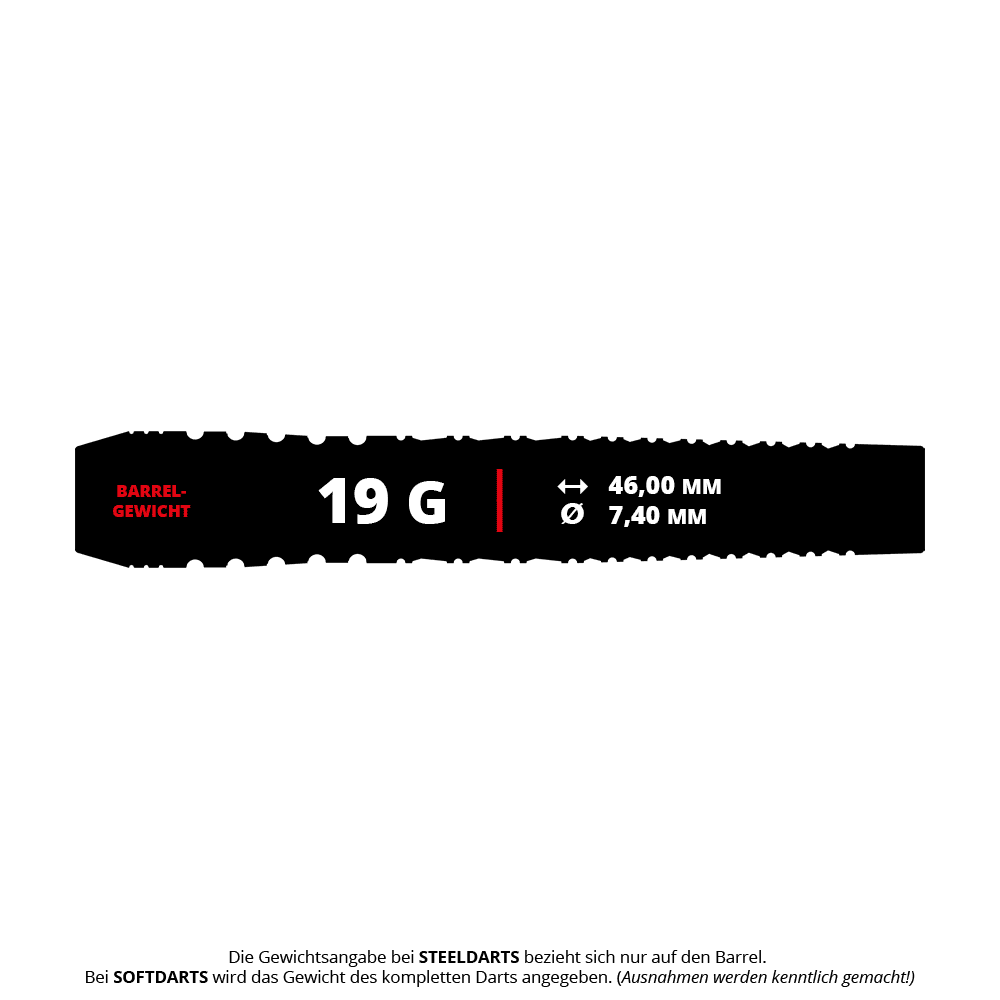 Dardos blandos Target Japan Black Marque Renegade 4 - 19 g Das Bild zeigt die Produktspezifikationen für die "Target Japan Black Marque Renegade 4 Softdarts - 19g". Die Darts wiegen 19 Gramm, sind 46,00 mm lang und haben einen Durchmesser von 7,40 mm.