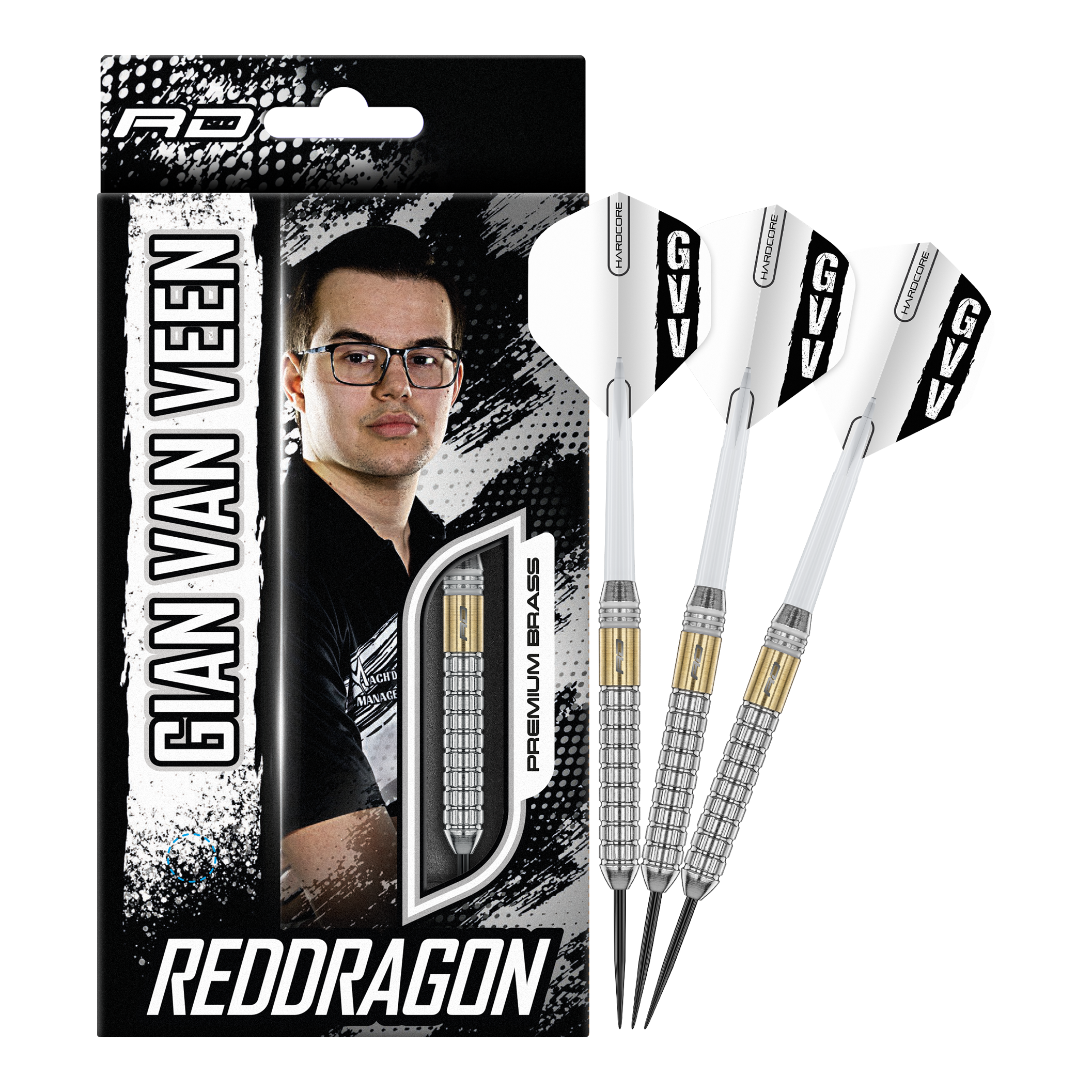 Red Dragon Gian Van Veen Messing Steeldarts - 21 g Zu sehen sind die kompletten Red Dragon Gian Van Veen Brass Steeldarts mit 21 g. Dieses Produkt eignet sich für Steeldartspiele auf Wettkampfniveau.
