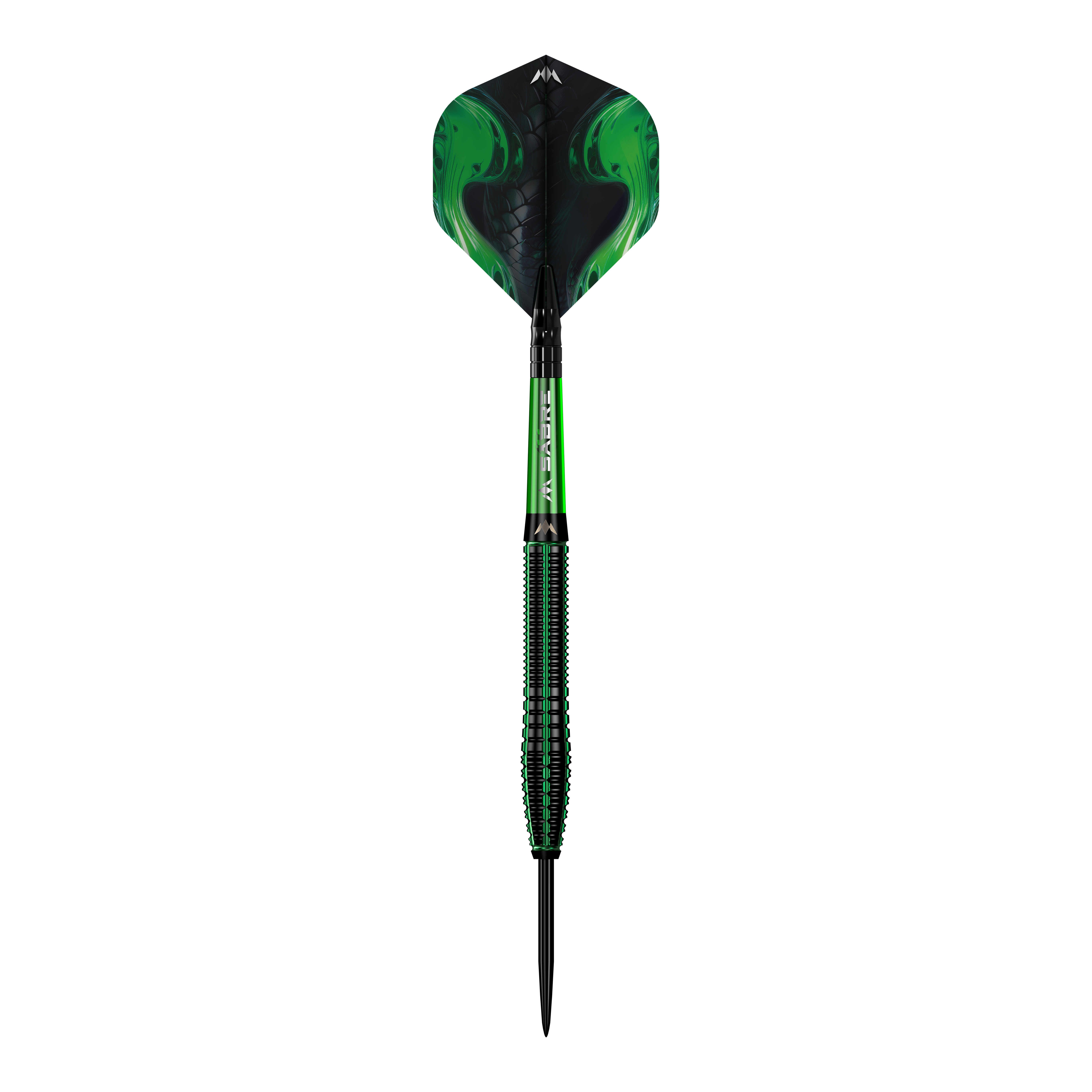 Ocelové šipky Mission Venom Das Bild zeigt einen Mission Venom Steeldart mit einem auffälligen, grünen Design. Der Schaft und die Flights haben ein modernes Muster, das an Schlangenhaut erinnert.