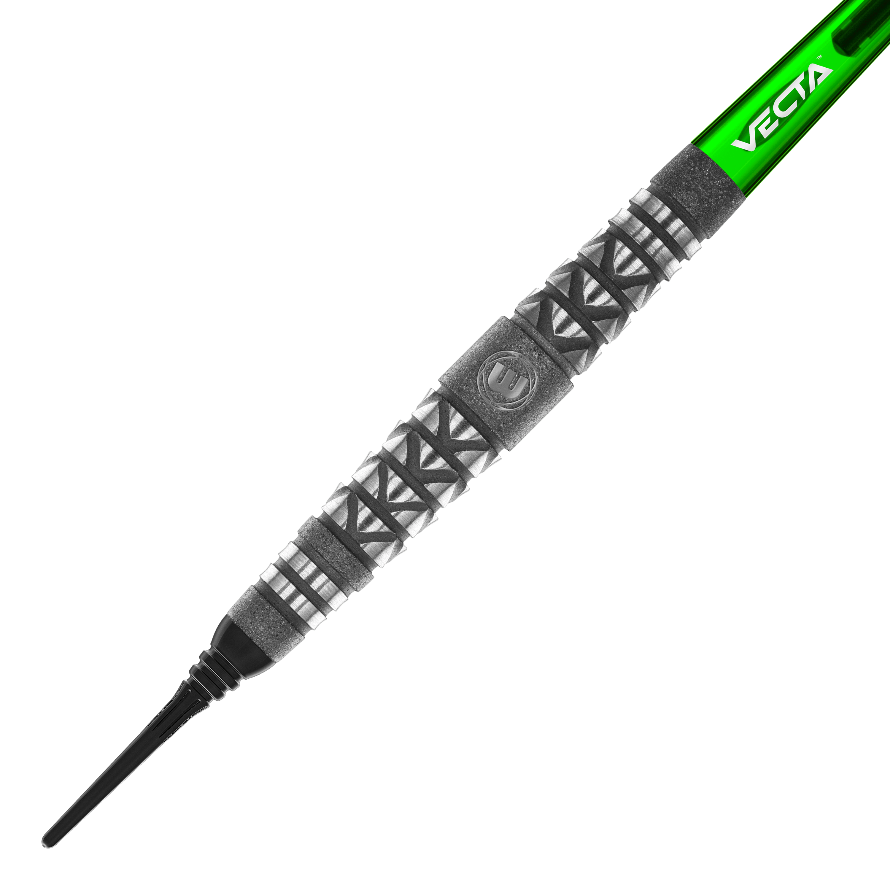 Freccette morbide con impugnatura atomizzata Winmau Simon Whitlock Das Bild zeigt einen Winmau Simon Whitlock Atomised Grip Softdart. Der Dart hat ein auffälliges Griffmuster und einen grünen Schaft mit der Aufschrift "VECTA".