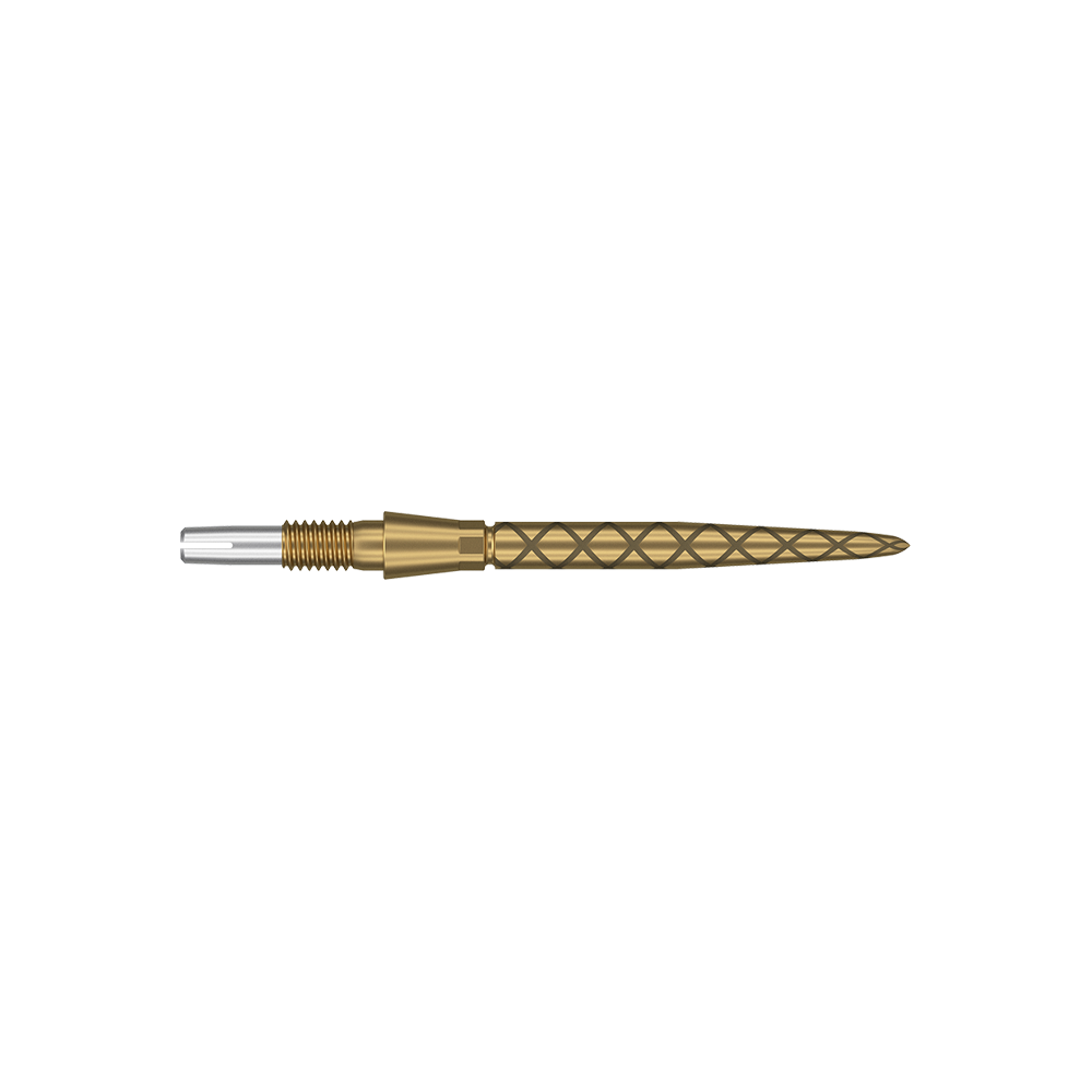Target Swiss Storm Diamond Point Dart Tips - Gold Dies ist eine goldfarbene Dartspitze mit einem diamantförmigen Muster. Sie ist schlank, länglich und hat eine Länge von 26 mm.