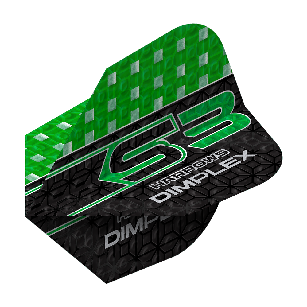 Harrows Dimplex S3 Flights - Verde Das Bild zeigt einen grünen und schwarzen Dartflight mit der Aufschrift "Harrows Dimplex S3". Das obere Drittel ist grün mit silbernen Quadraten, der Rest ist schwarz mit einem Muster und weißen Schriftzügen.