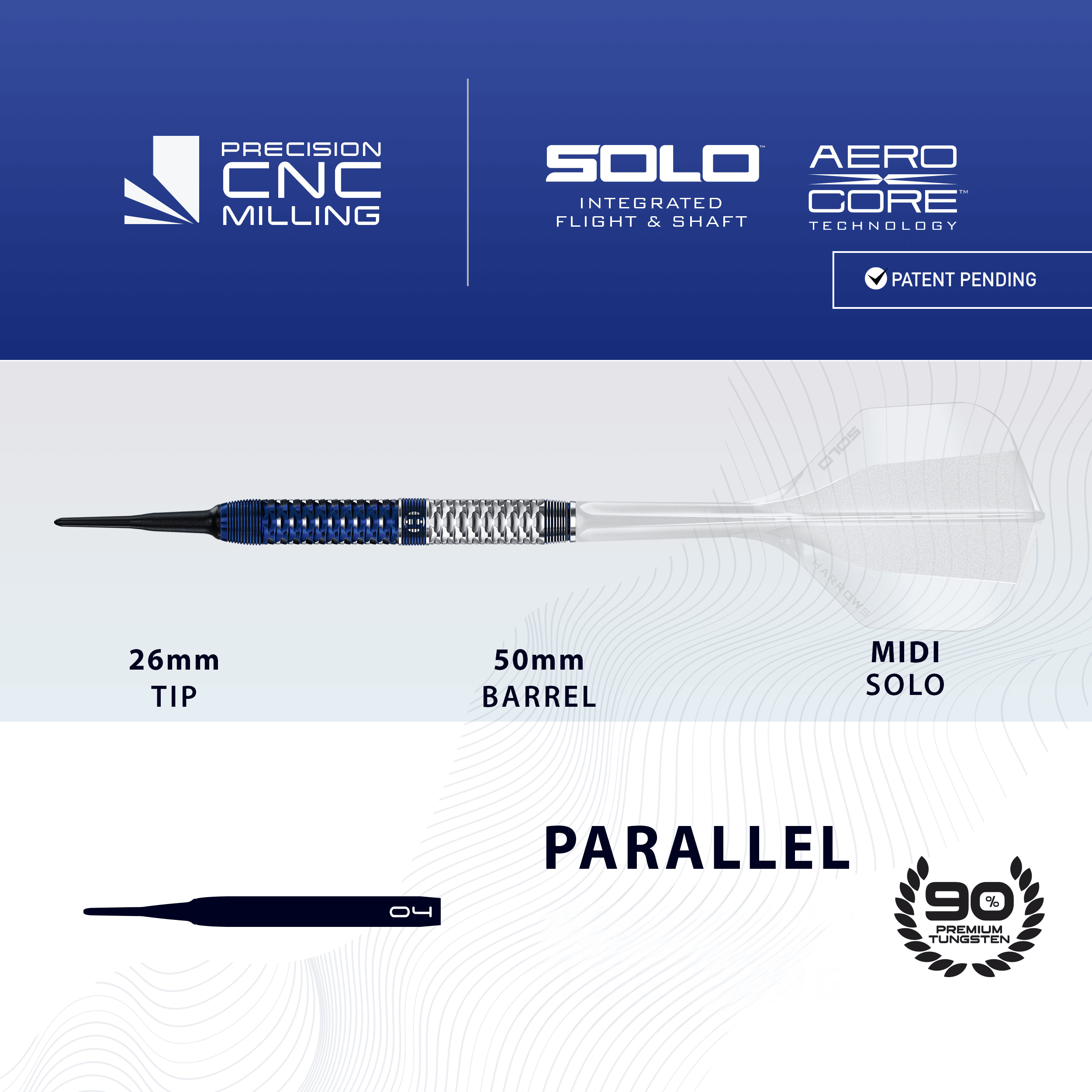 Abgebildet sind die Harrows GEO Parallel Softdarts. Die Softdarts sind auf dem Bild gut sichtbar angeordnet.
