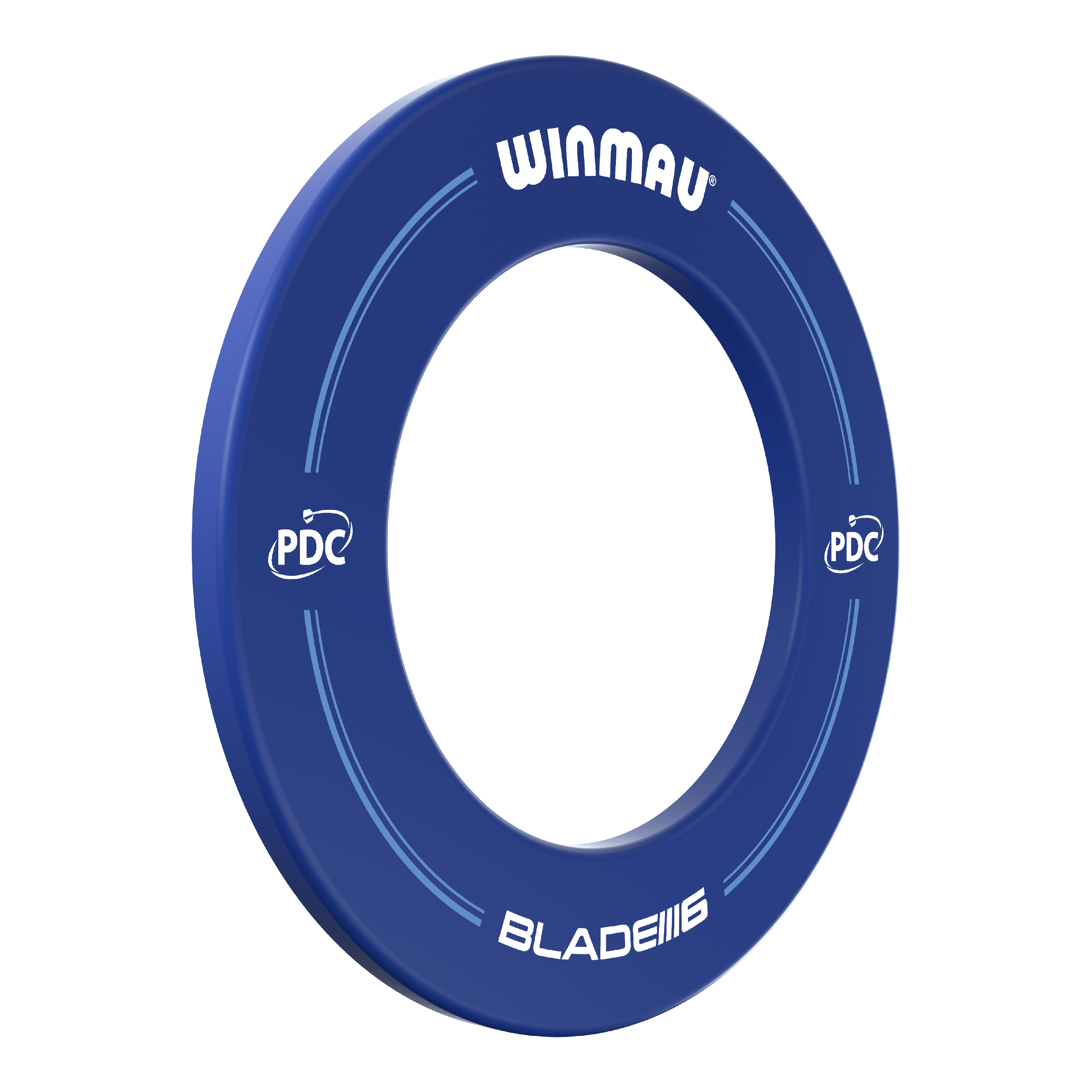 Kryt terče Winmau PDC - modrý Das Bild zeigt einen blauen Dartboard-Surround der Marke Winmau mit der Aufschrift "BLADE 6" und "PDC". Der Ring dient zum Schutz der Wand rund um eine Dartscheibe.