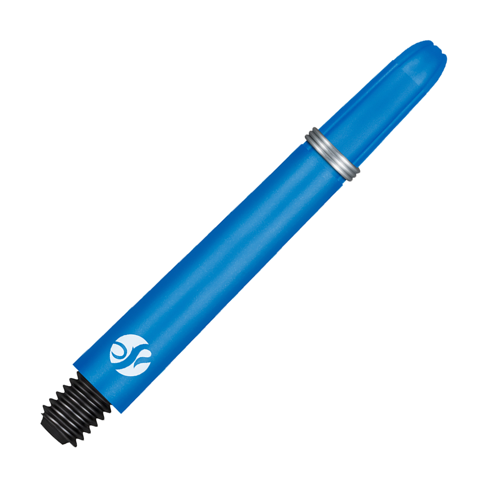 Dies ist ein blauer Carbon-Schaft für einen Dartpfeil. Am unteren Ende befindet sich ein schwarzes Gewinde zum Befestigen.