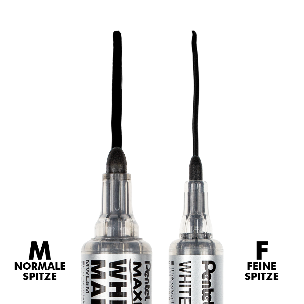 Board Marker Maxiflo Das Bild zeigt zwei Board Marker Maxiflo von Pentel mit unterschiedlich breiten Linien. Einer schreibt breit, der andere schreibt schmal.