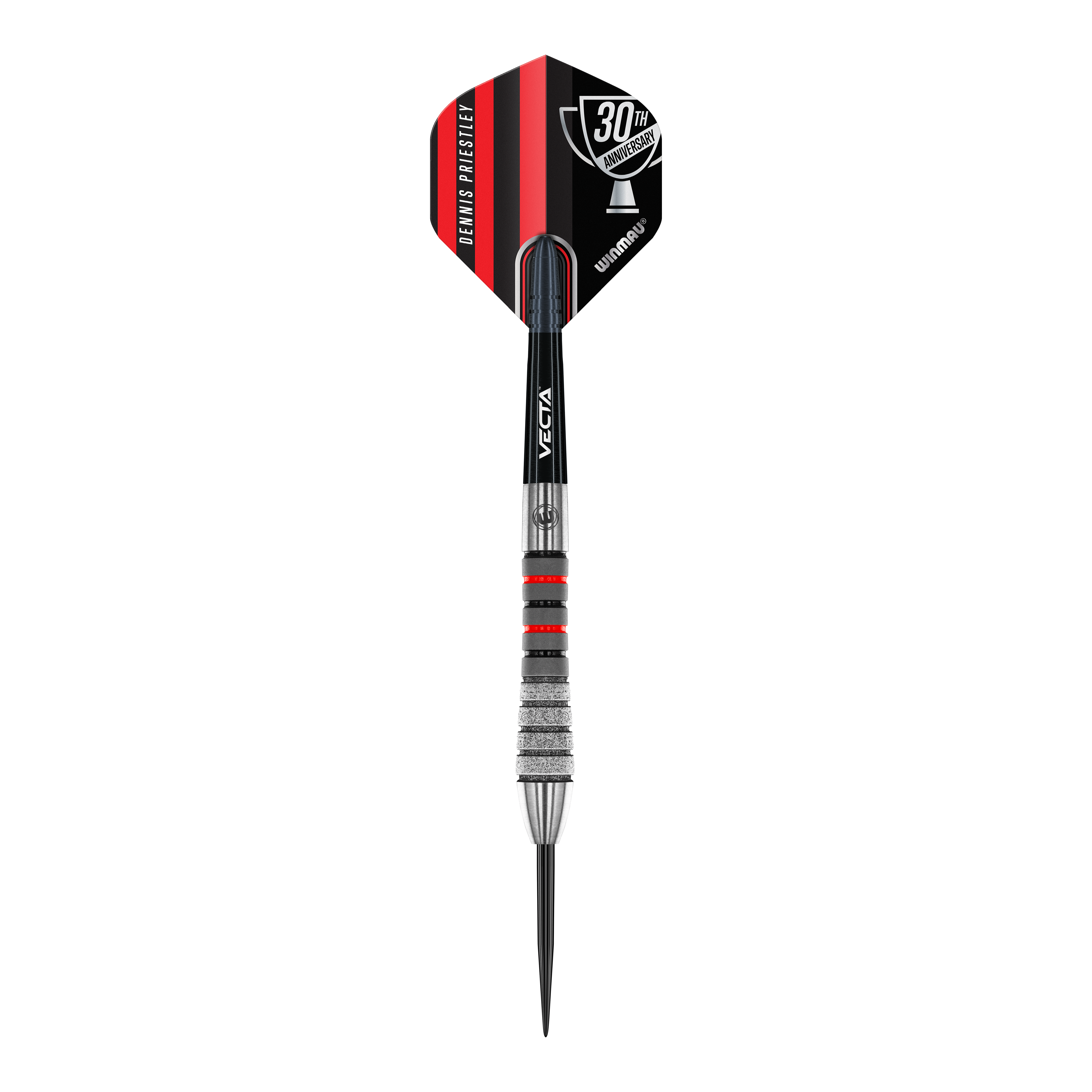 Ocelové šipky Winmau Dennis Priestley Diamond 3-Zero Das Bild zeigt einen Winmau Dennis Priestley Diamond 3-Zero Steeldart. Der Dartpfeil hat schwarze, silberne und rote Details sowie eine 30th Anniversary-Beschriftung auf dem Flight.