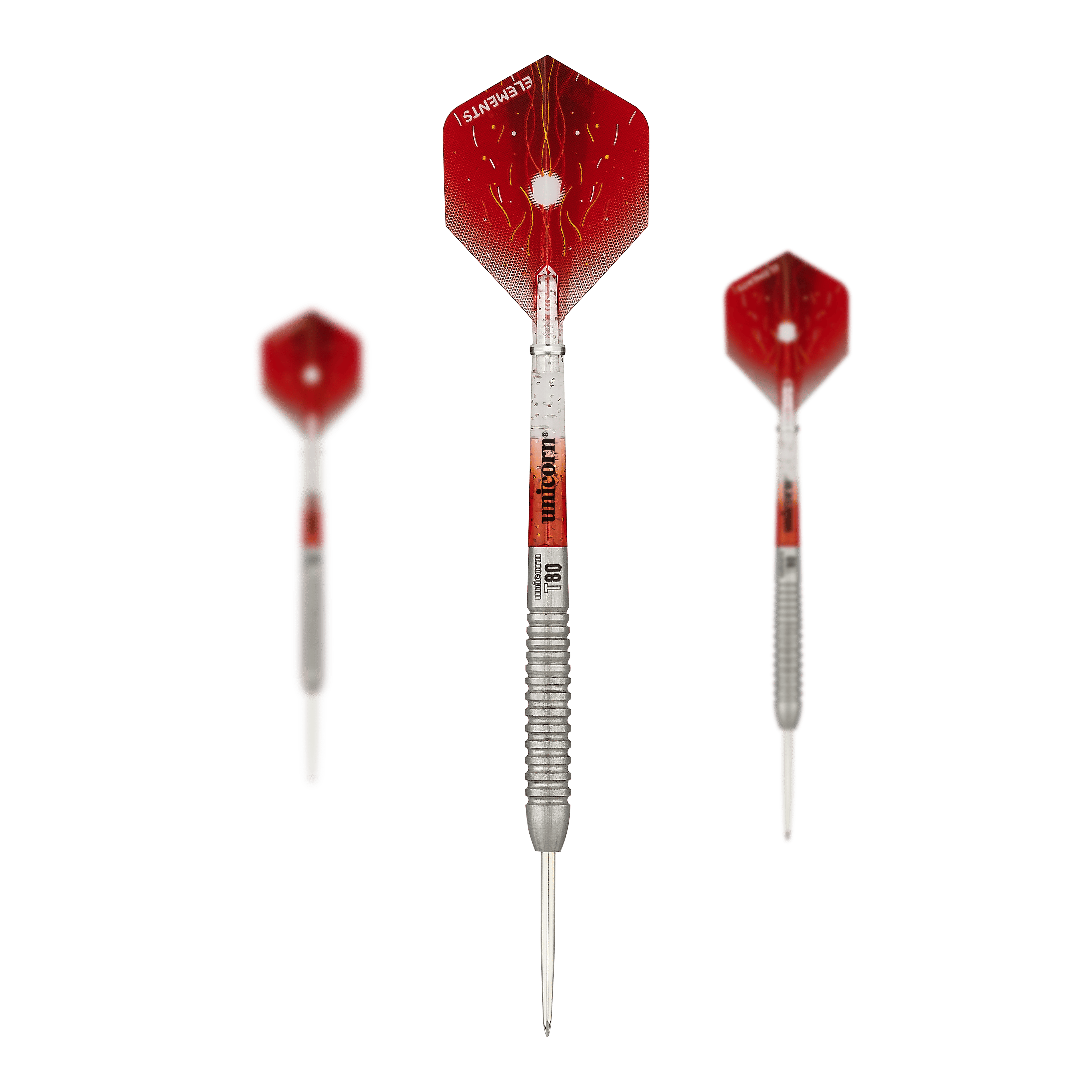 Dardos de acero Unicorn Core XL Striker Style 5 Das Bild zeigt drei Steeldarts des Produkts "Unicorn Core XL Striker Style 5". Die Darts haben rote Flights und einen silbernen, geriffelten Schaft.