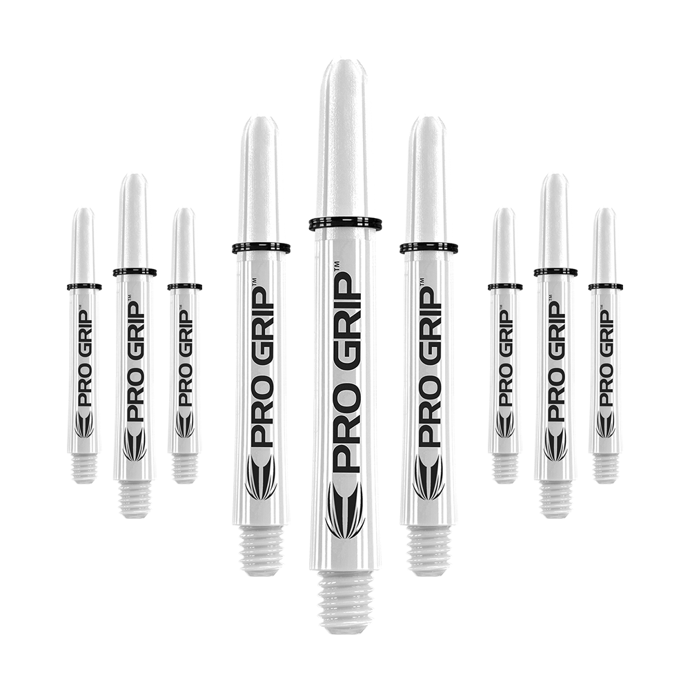 Das Bild zeigt neun weiße Dartschäfte mit der Aufschrift "PRO GRIP". Sie sind in drei Reihen angeordnet, wobei die mittleren Schäfte am größten sind.